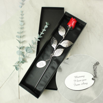Personalised Free Text Silver Plated Red Rose - MK&JD Gifts