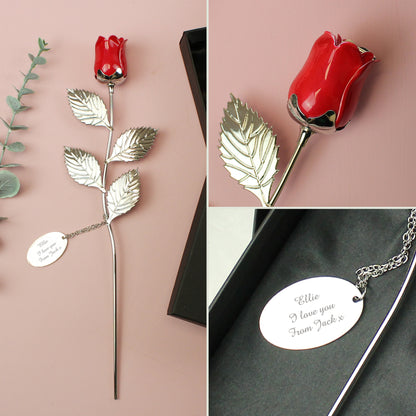 Personalised Free Text Silver Plated Red Rose - MK&JD Gifts