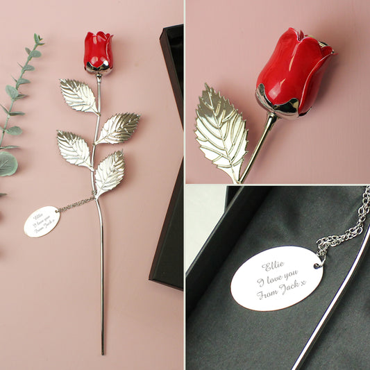Personalised Free Text Silver Plated Red Rose - MK&JD Gifts