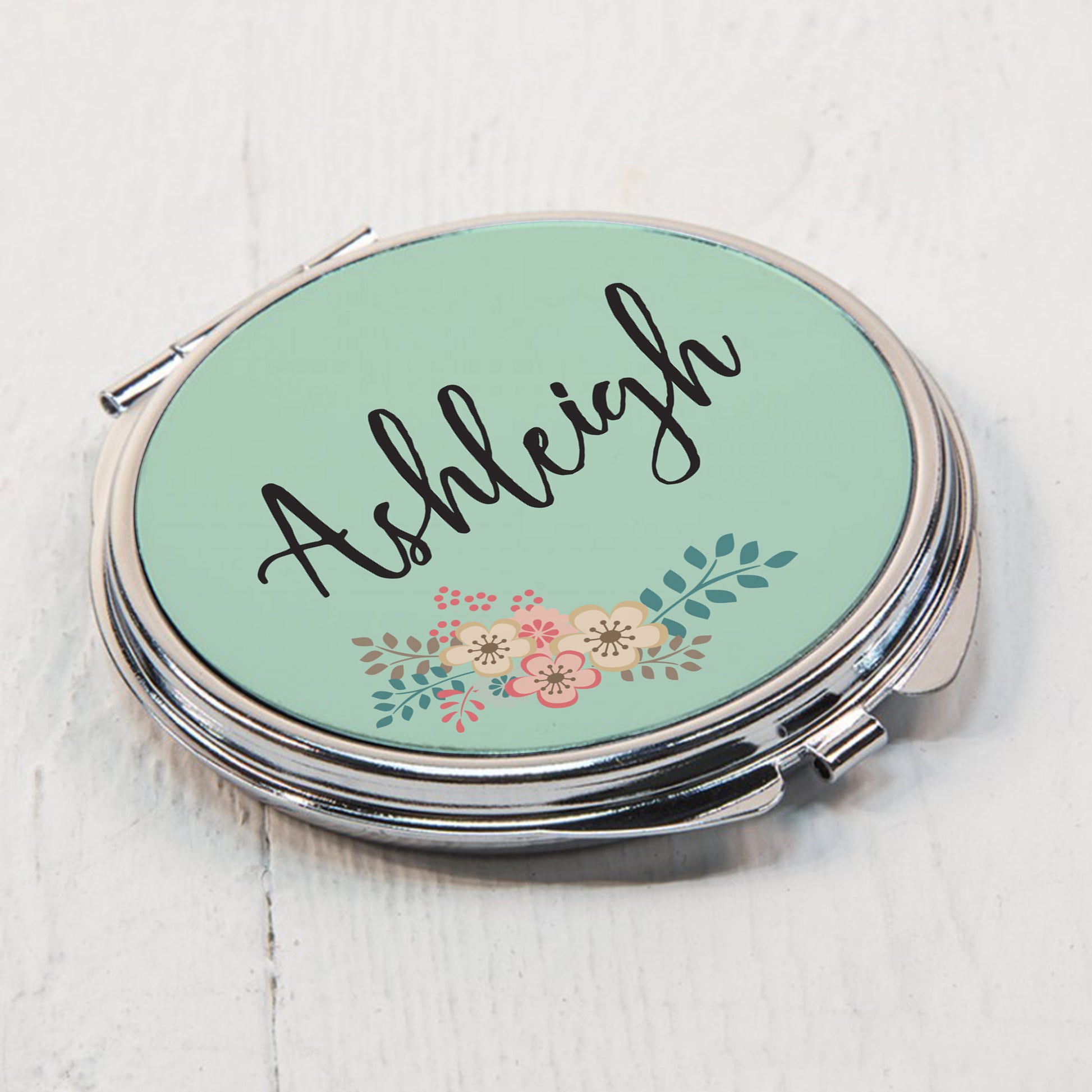 Personalised Green Floral Compact Mirror - MK&JD Gifts