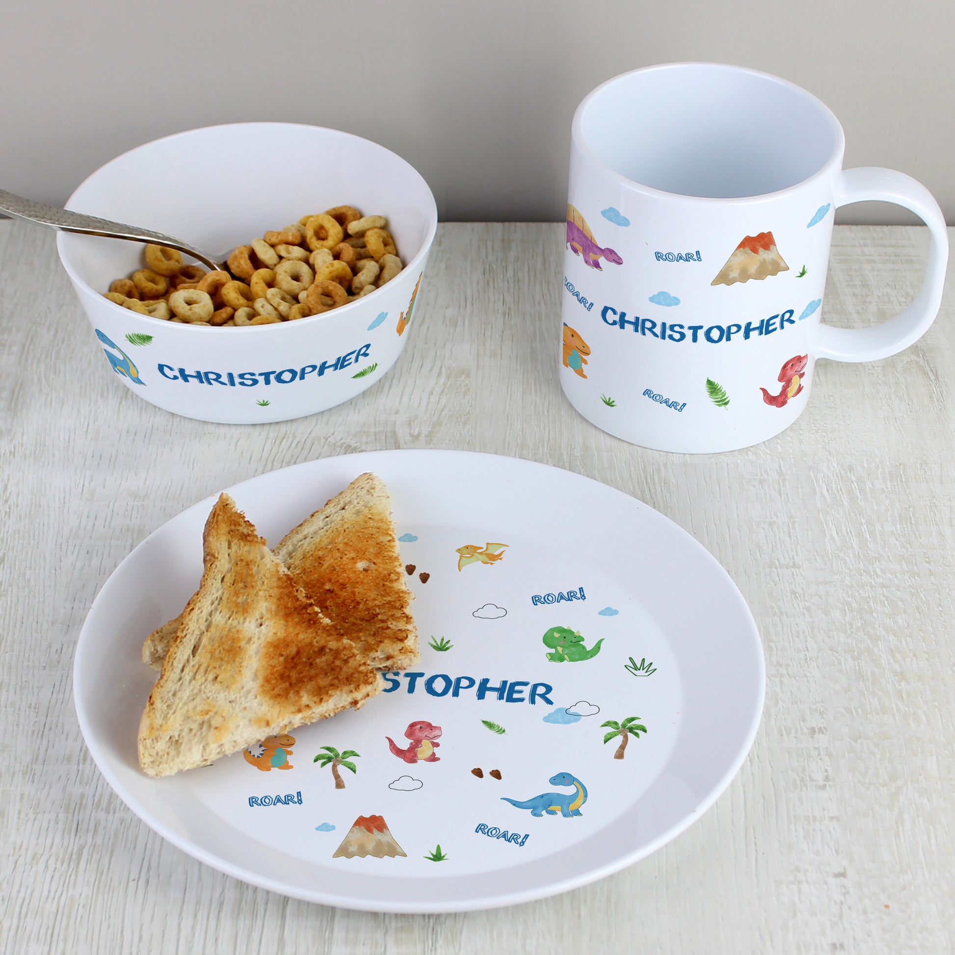 Personalised Dinosaur Plastic Breakfast Set - MK&JD Gifts