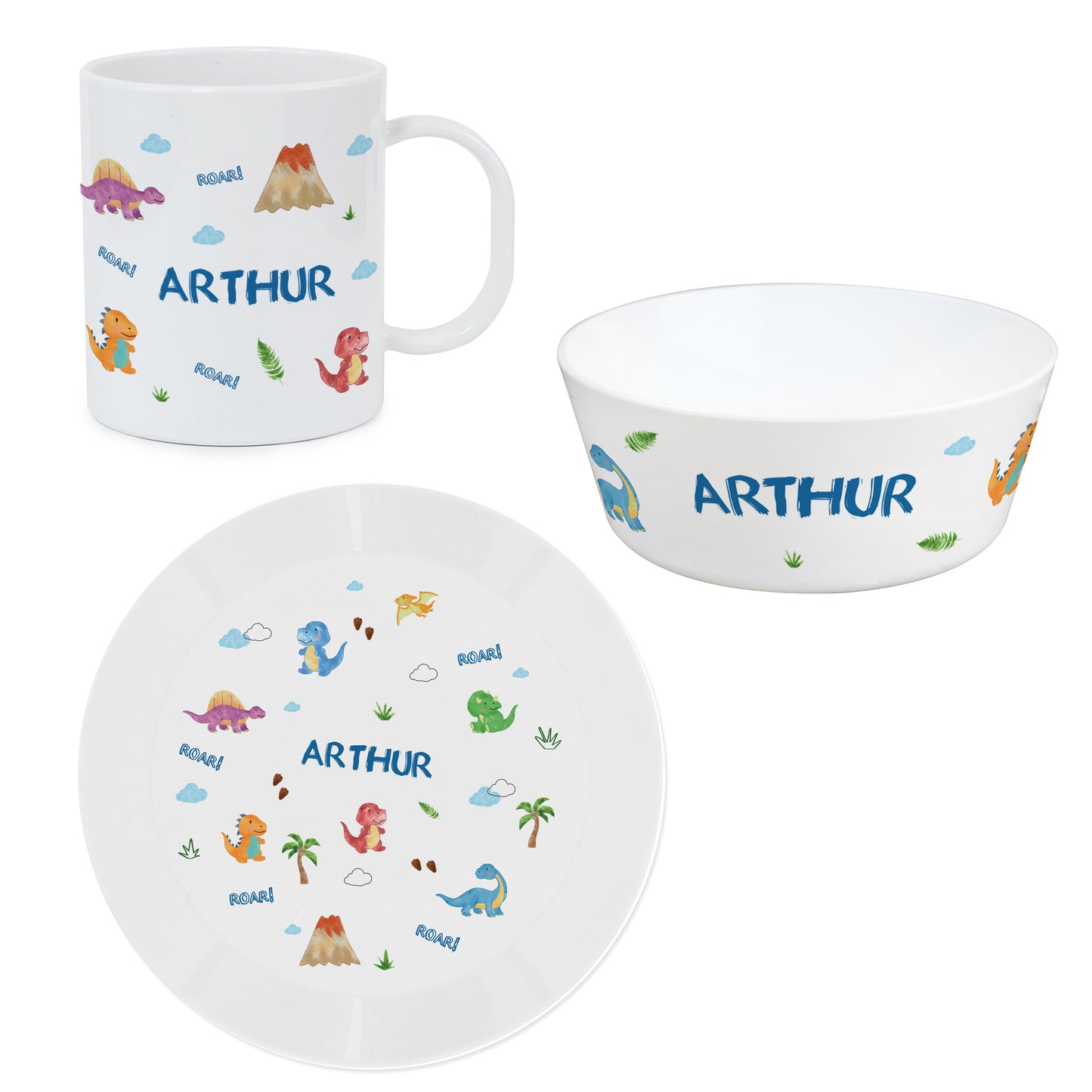 Personalised Dinosaur Plastic Breakfast Set - MK&JD Gifts