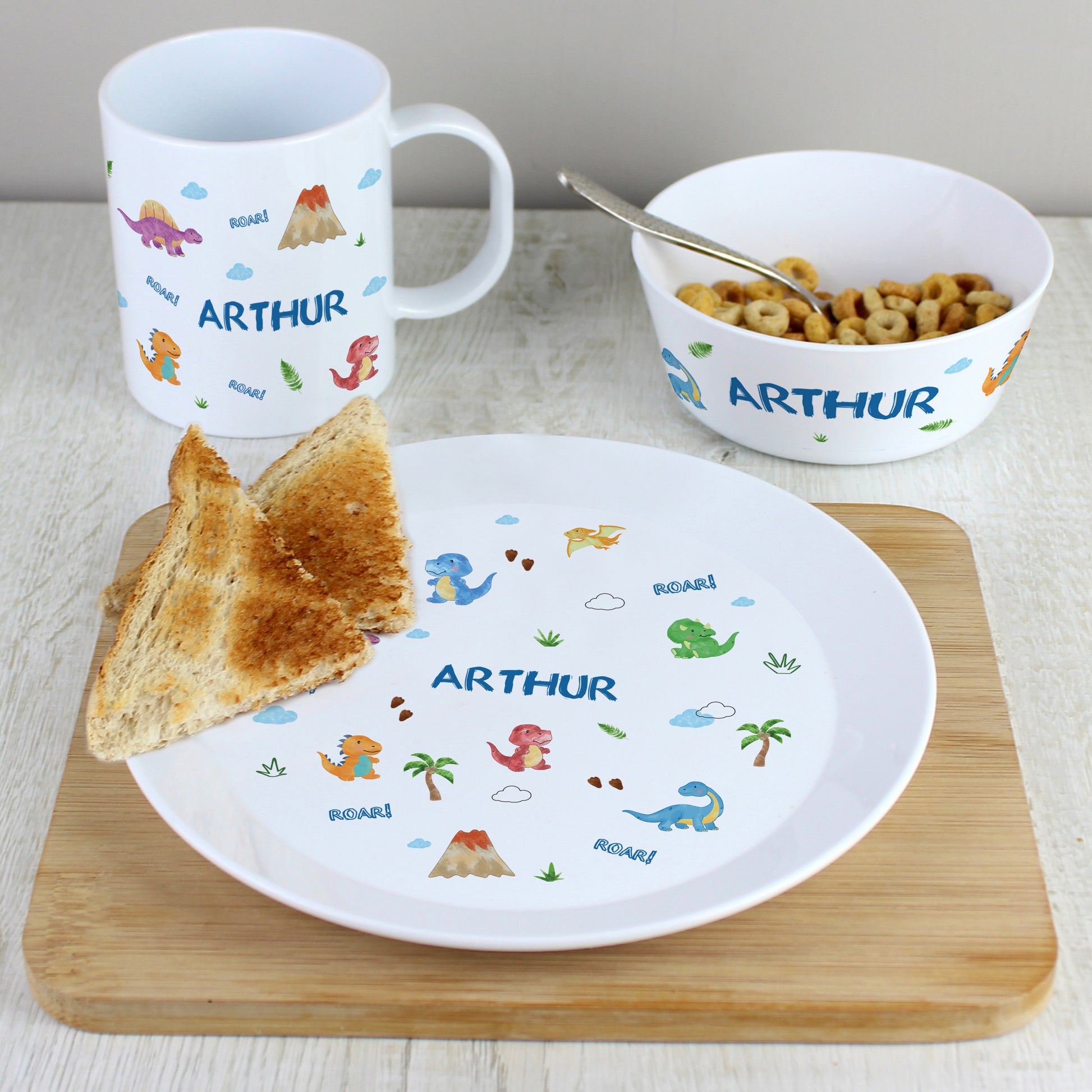 Personalised Dinosaur Plastic Breakfast Set - MK&JD Gifts
