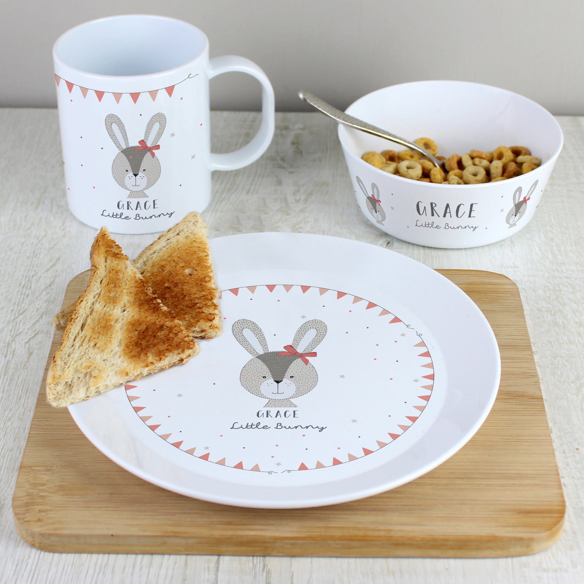 Personalised Little Bunny Pink Plastic Breakfast Set - MK&JD Gifts