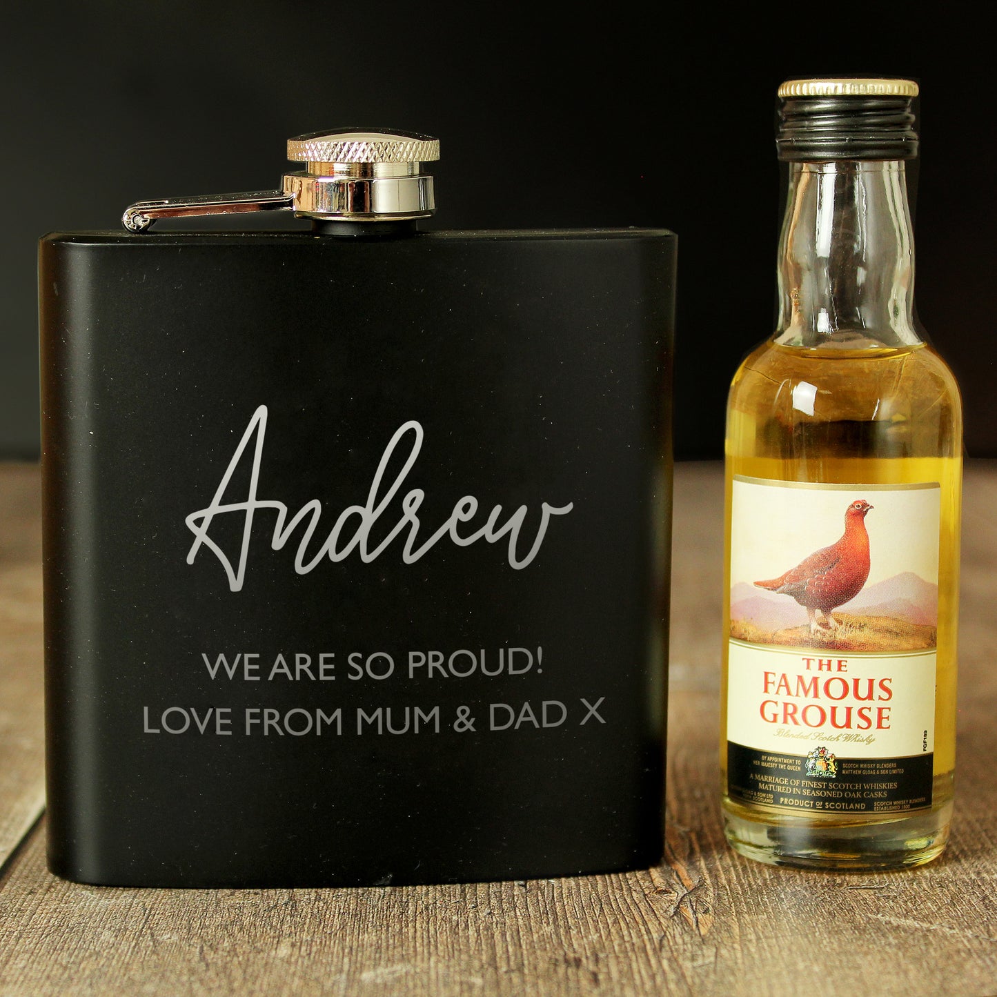 Personalised Free Text Hip Flask and Grouse Miniature Set - MK&JD Gifts