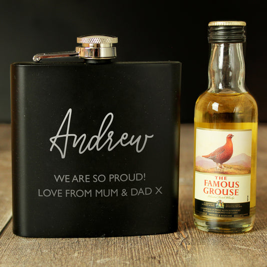 Personalised Free Text Hip Flask and Grouse Miniature Set - MK&JD Gifts