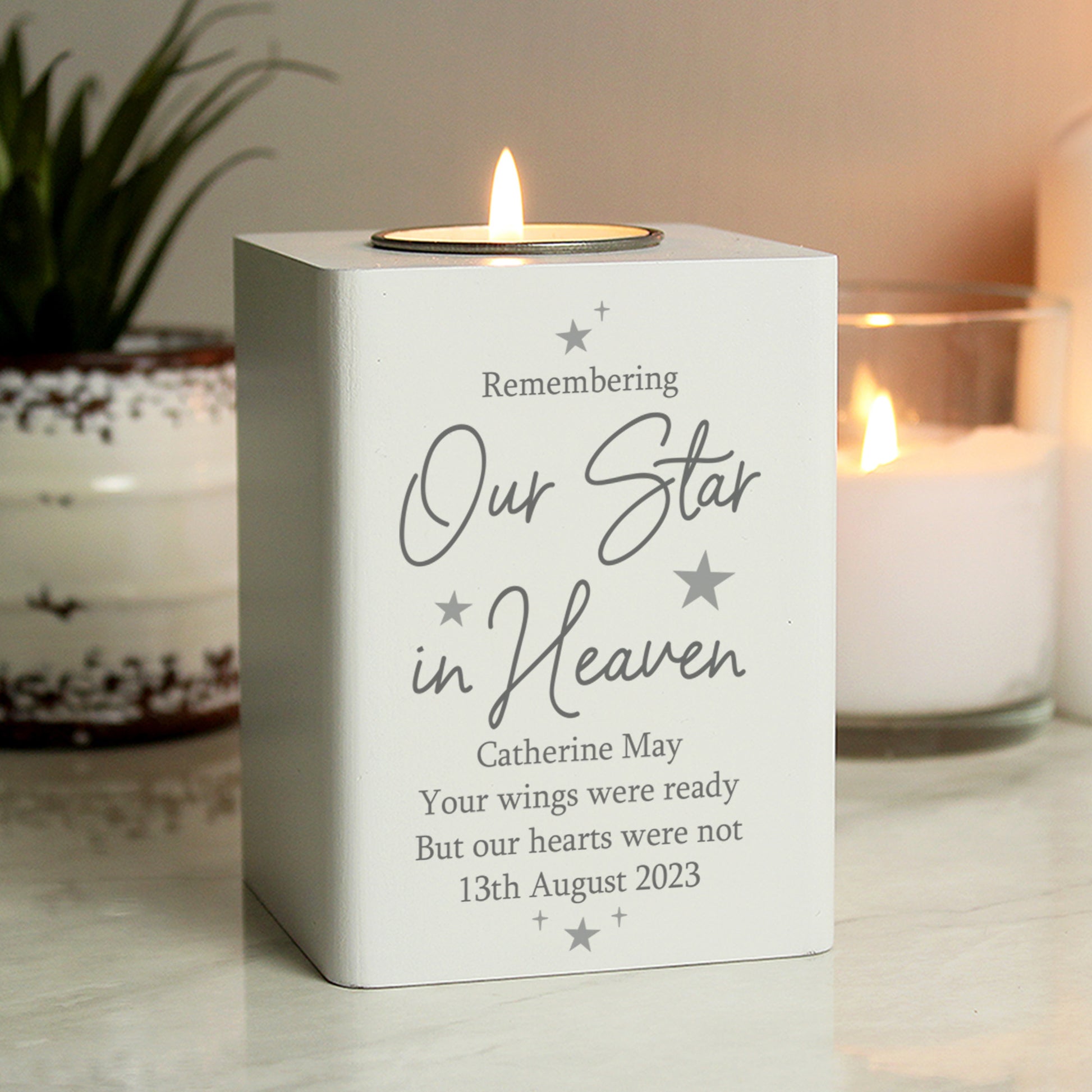 Personalised Our Star In Heaven White Wooden Tea light Holder - MK&JD Gifts