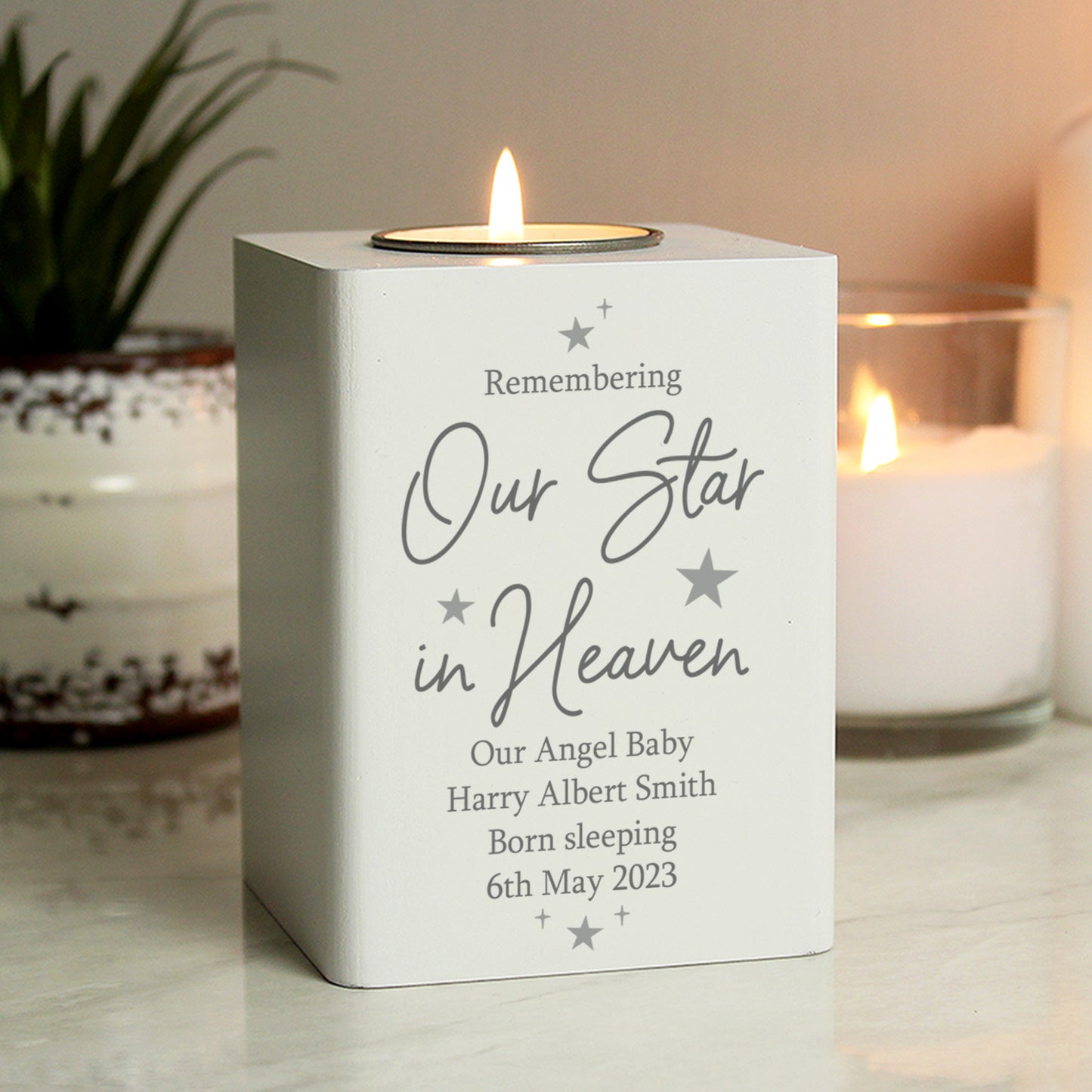 Personalised Our Star In Heaven White Wooden Tea light Holder - MK&JD Gifts
