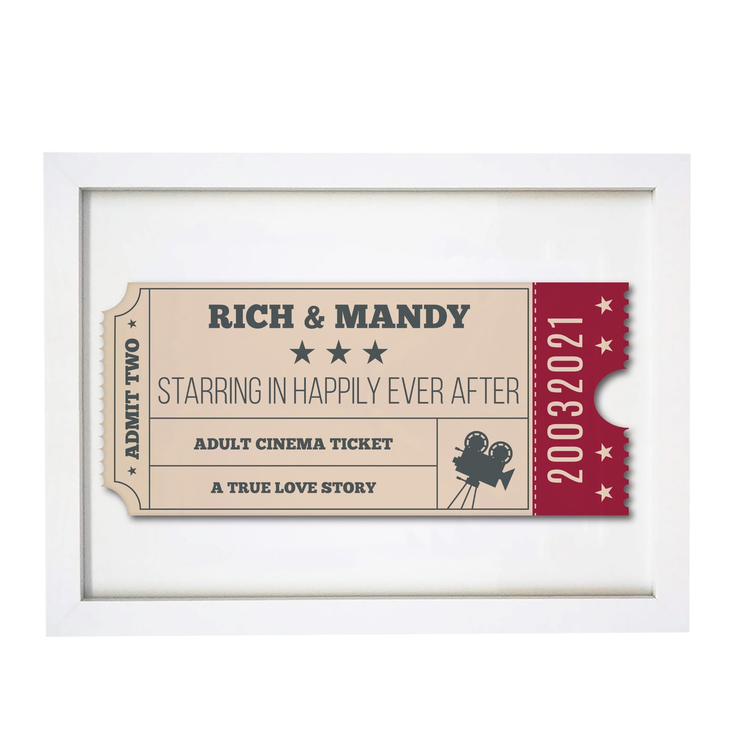 Personalised Cinema Ticket A4 White Framed Print - MK&JD Gifts