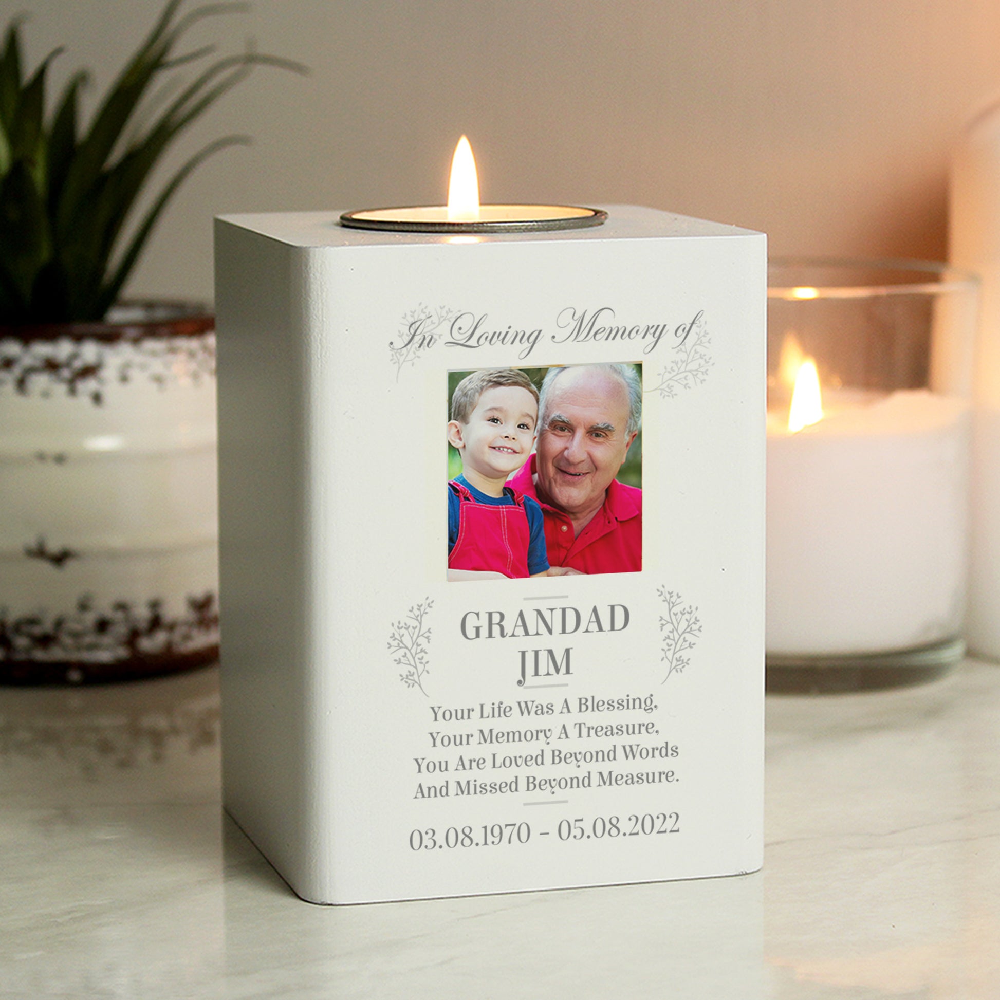 Personalised Memorial Photo Upload White Wooden Tea light Holder - MK&JD Gifts