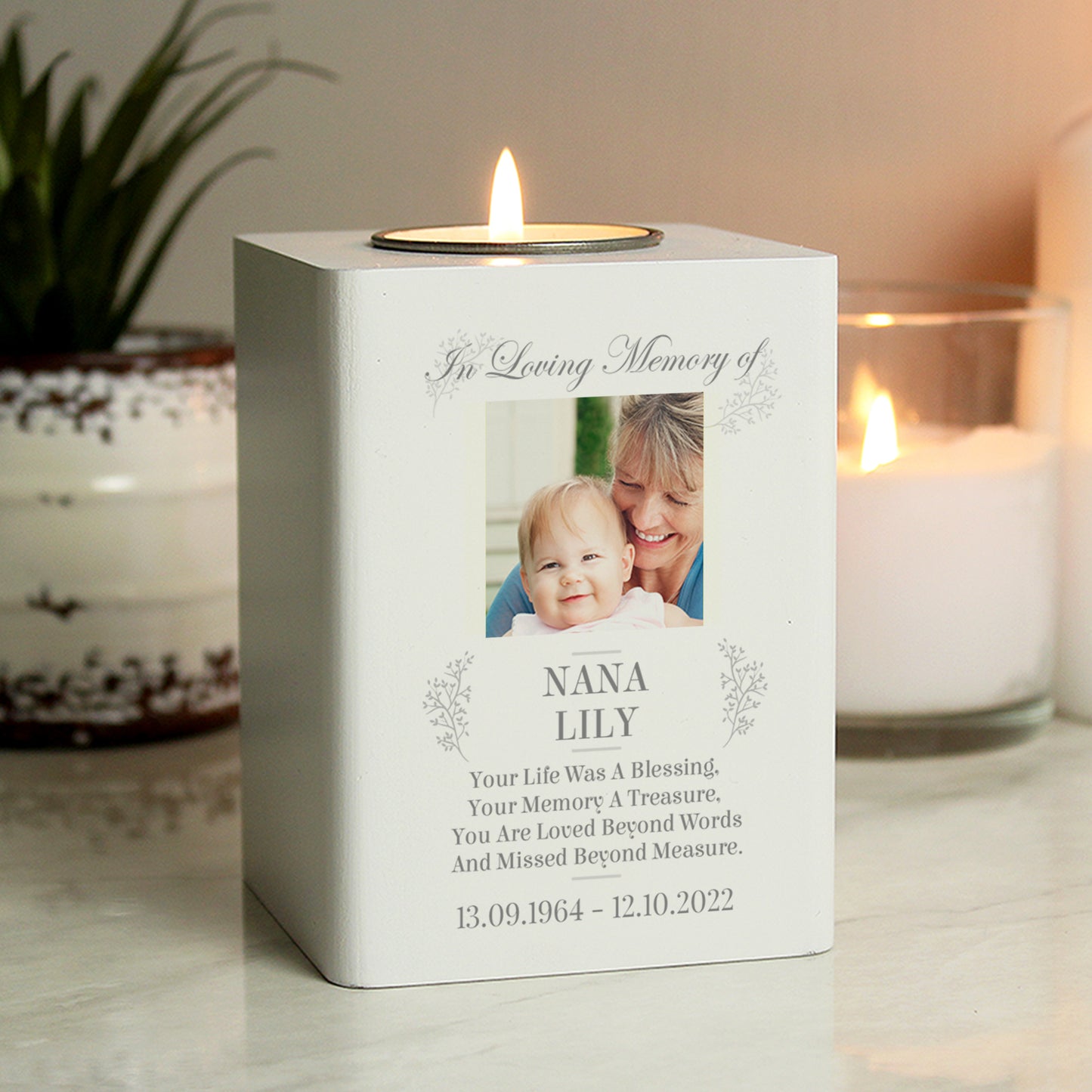 Personalised Memorial Photo Upload White Wooden Tea light Holder - MK&JD Gifts