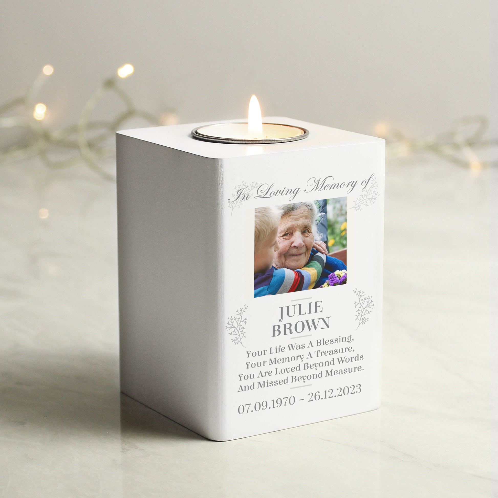 Personalised Memorial Photo Upload White Wooden Tea light Holder - MK&JD Gifts