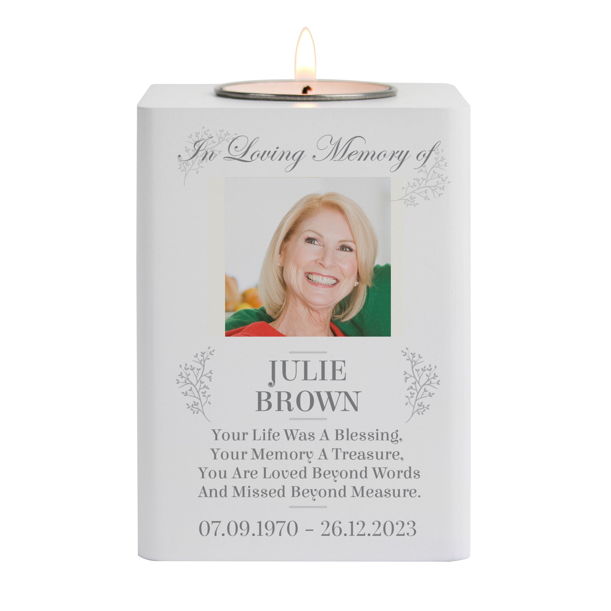 Personalised Memorial Photo Upload White Wooden Tea light Holder - MK&JD Gifts