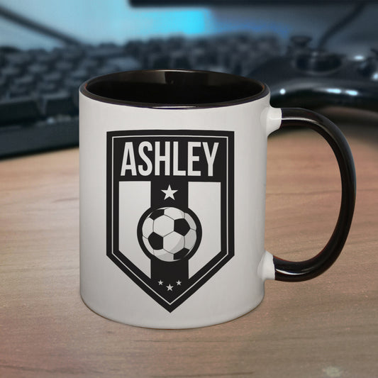 Personalised Football Badge Black Handled Mug - MK&JD Gifts