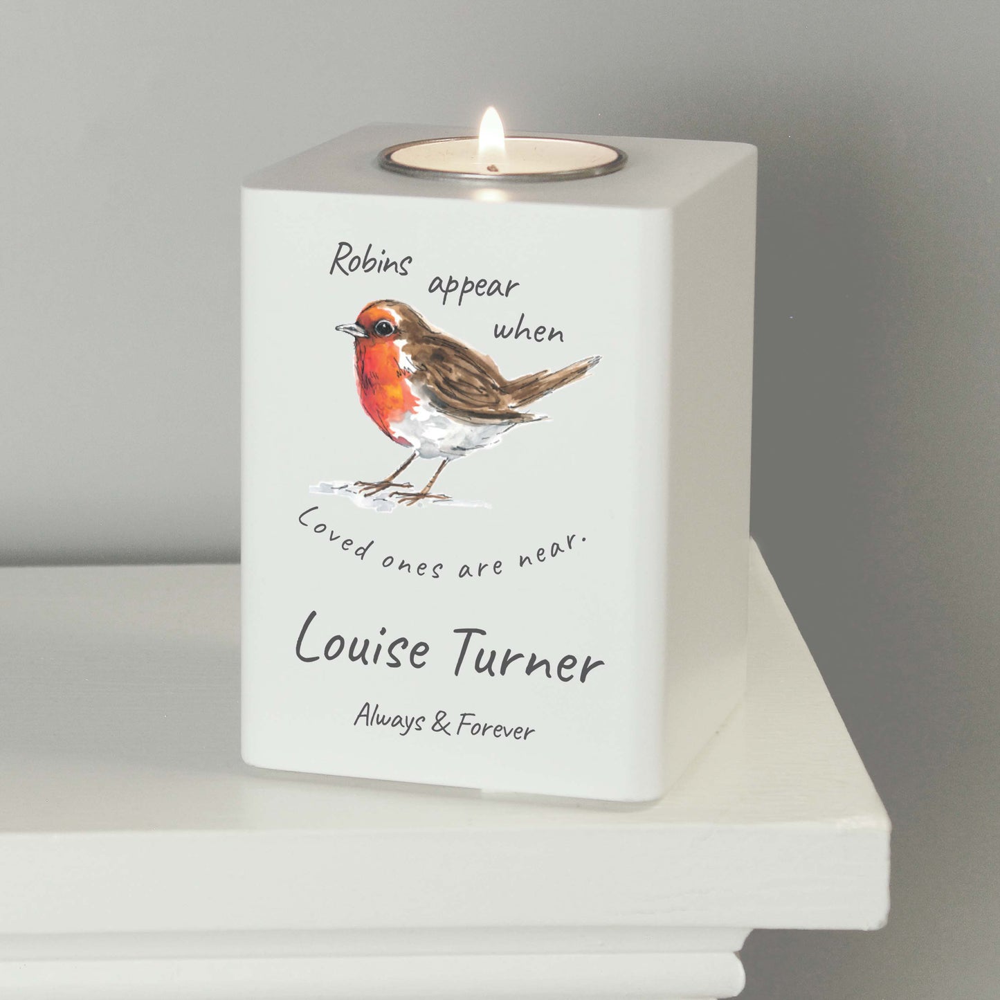 Personalised Robins Appear White Wooden Tea light Holder - MK&JD Gifts