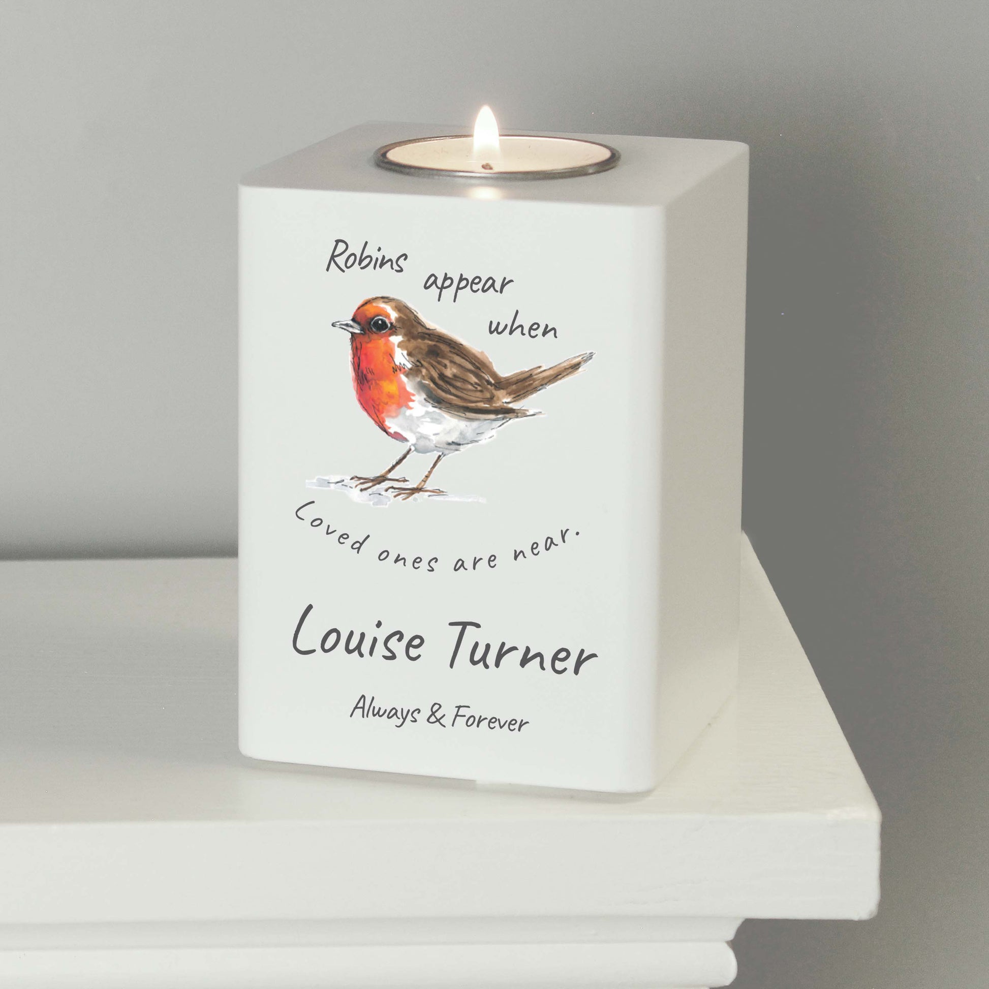 Personalised Robins Appear White Wooden Tea light Holder - MK&JD Gifts