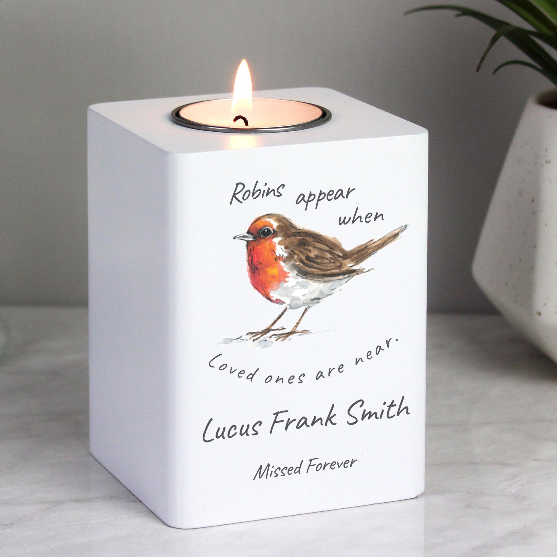 Personalised Robins Appear White Wooden Tea light Holder - MK&JD Gifts