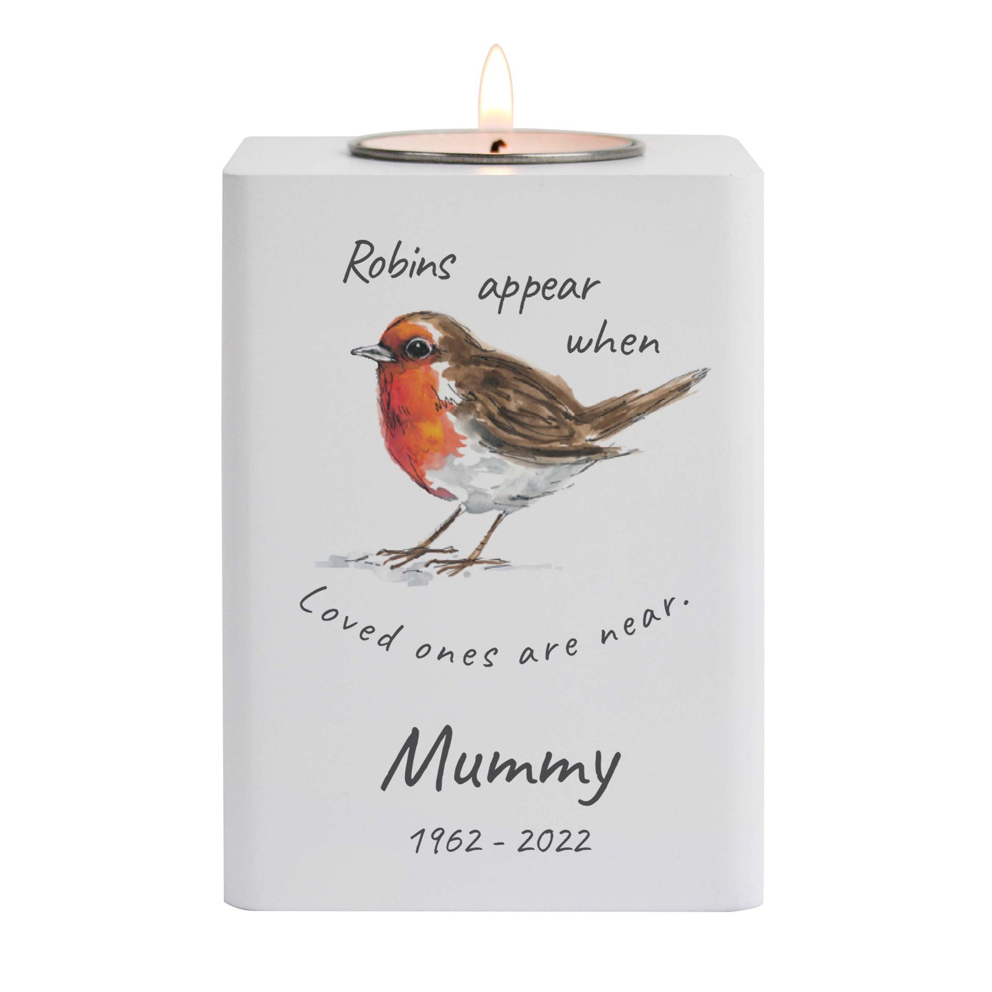 Personalised Robins Appear White Wooden Tea light Holder - MK&JD Gifts