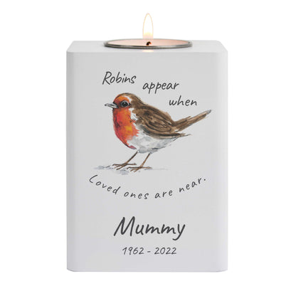 Personalised Robins Appear White Wooden Tea light Holder - MK&JD Gifts