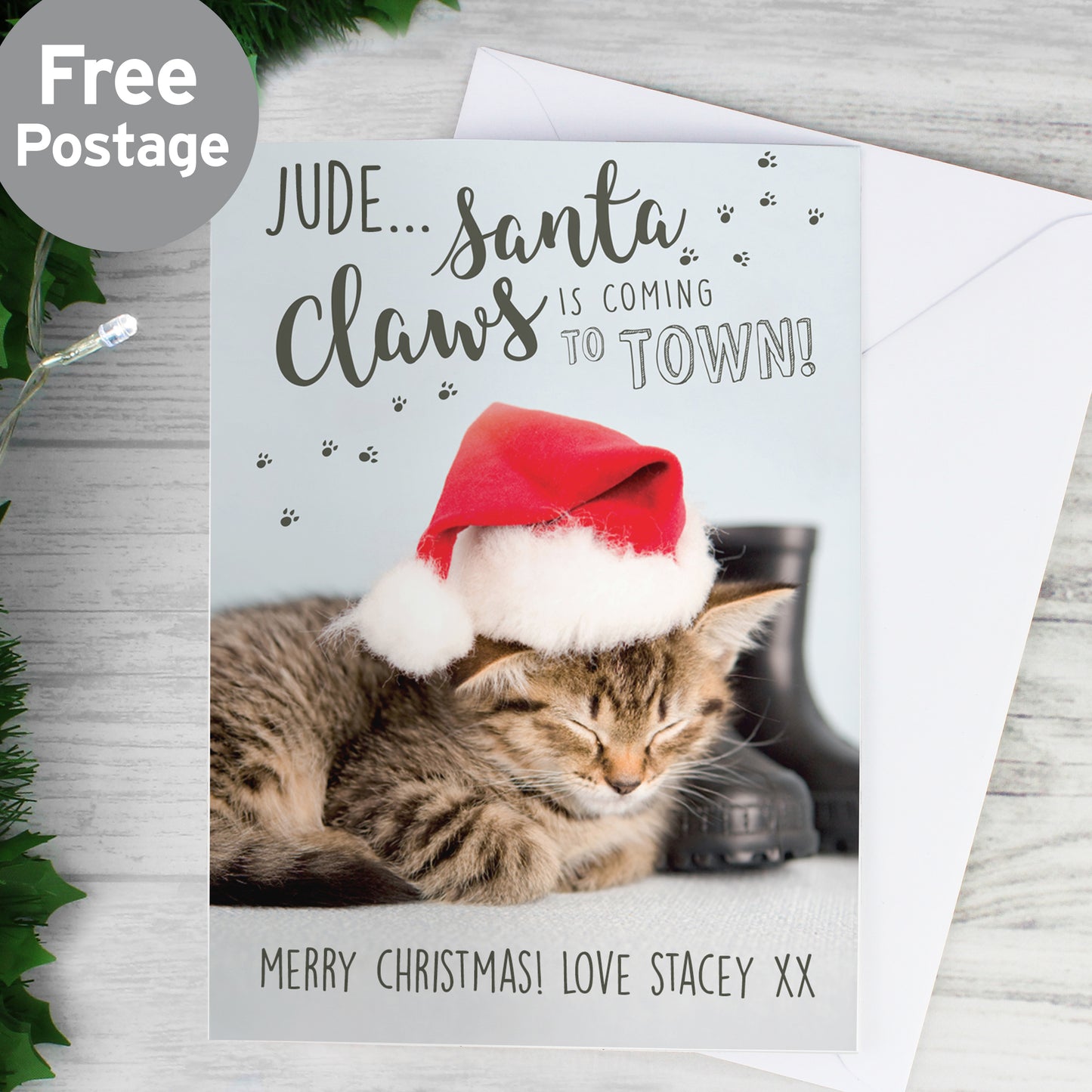 Personalised Rachael Hale Santa Claws Christmas Cat Card