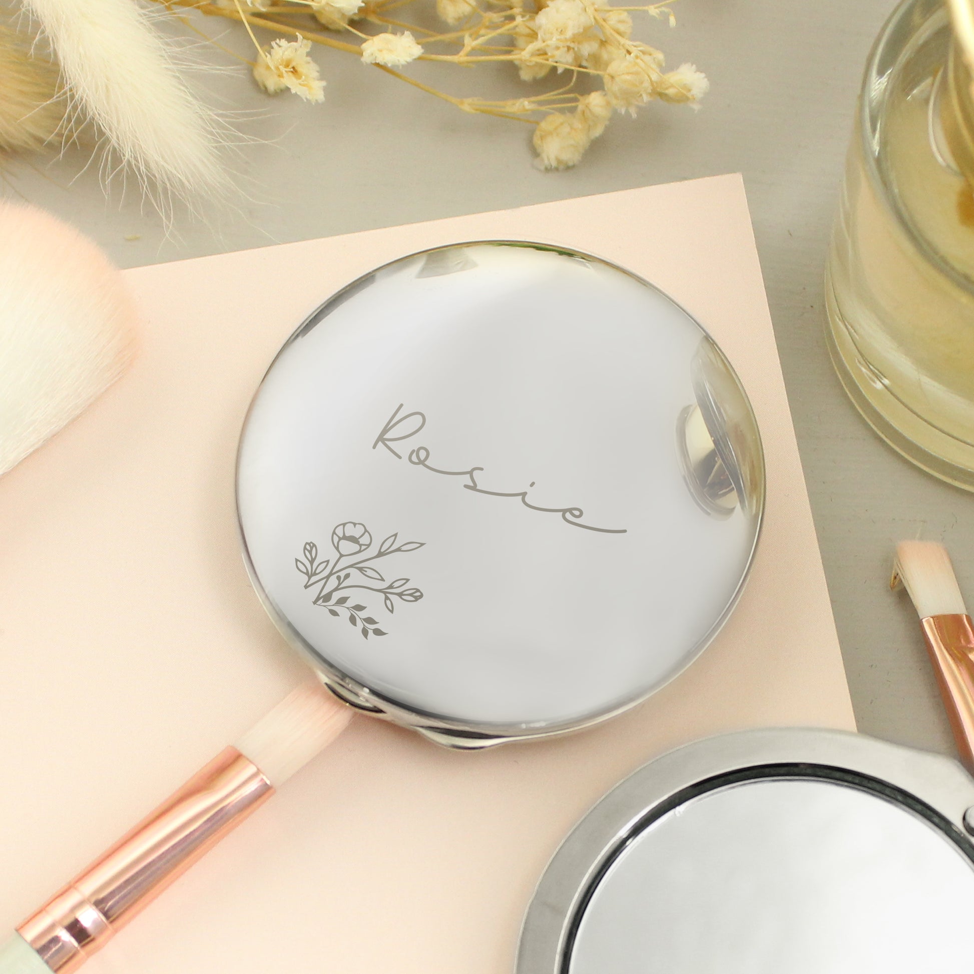 Personalised Floral Round Compact Mirror - MK&JD Gifts