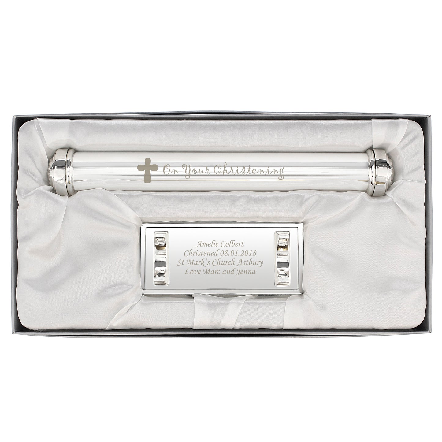 Personalised Christening Cross Silver Plated Certificate Holder - MK&JD Gifts