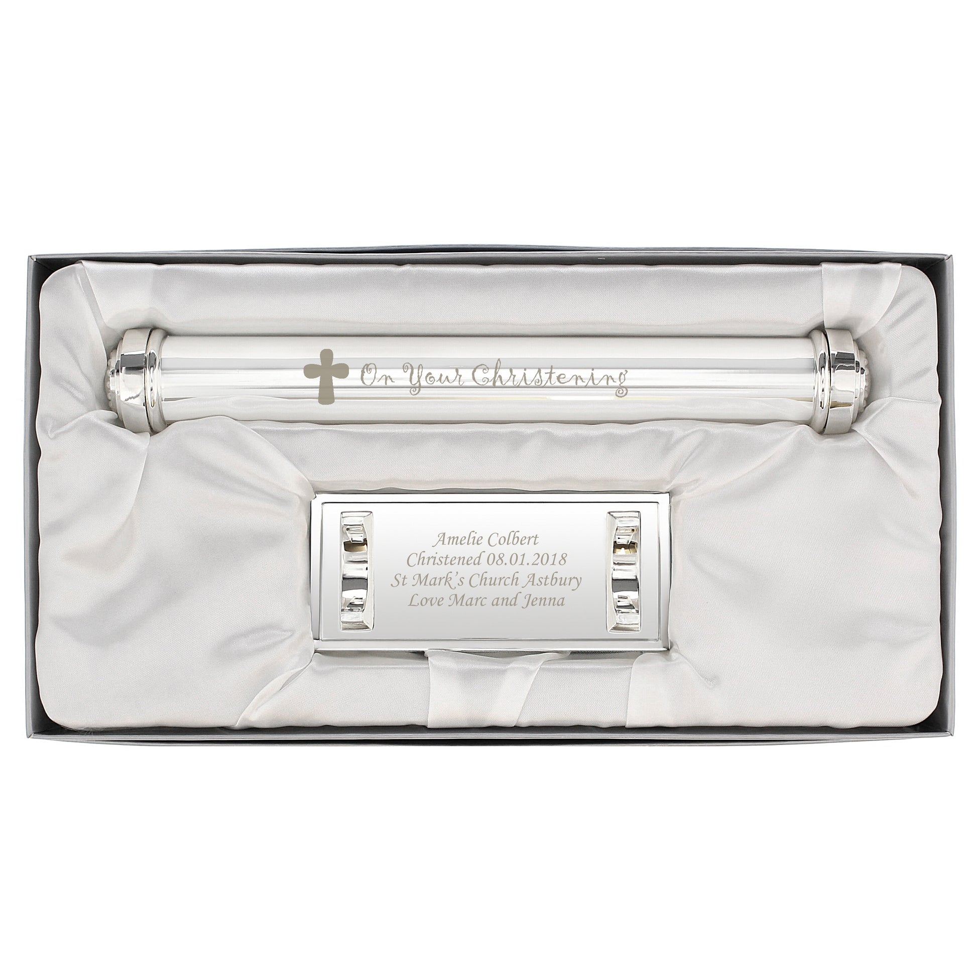 Personalised Christening Cross Silver Plated Certificate Holder - MK&JD Gifts