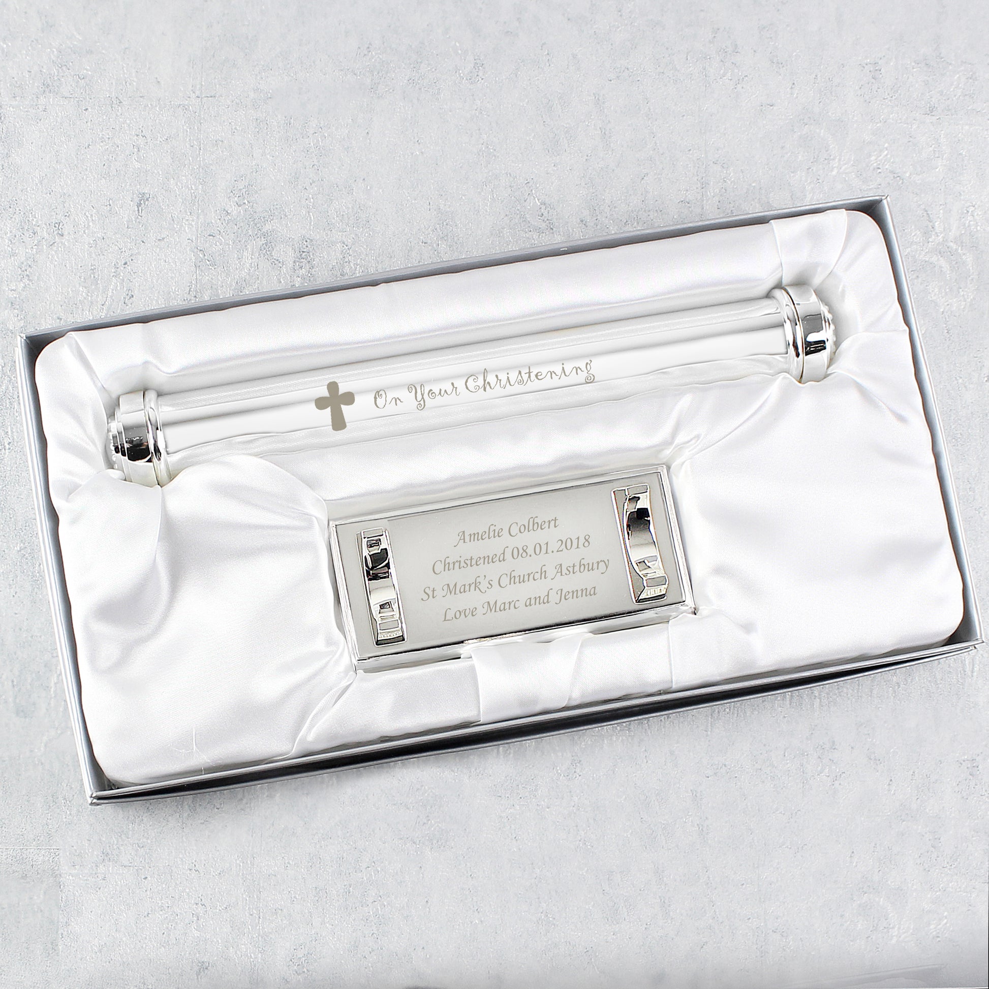 Personalised Christening Cross Silver Plated Certificate Holder - MK&JD Gifts