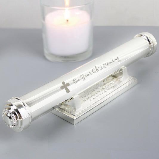 Personalised Christening Cross Silver Plated Certificate Holder - MK&JD Gifts