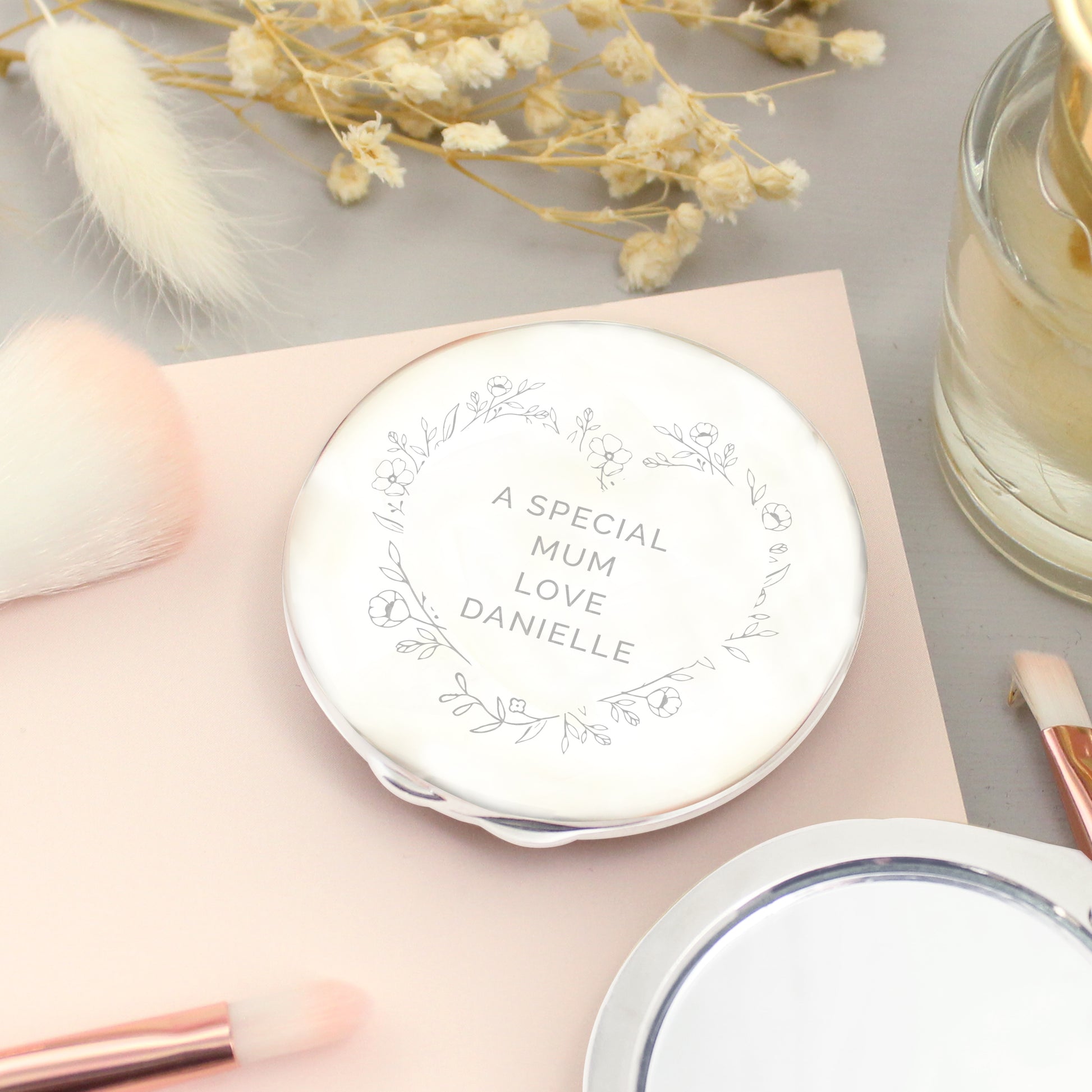 Personalised Floral Heart Compact Mirror - MK&JD Gifts