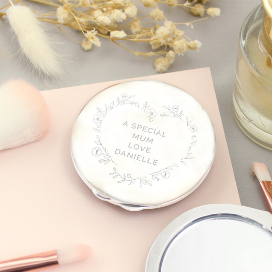 Personalised Floral Heart Compact Mirror - MK&JD Gifts