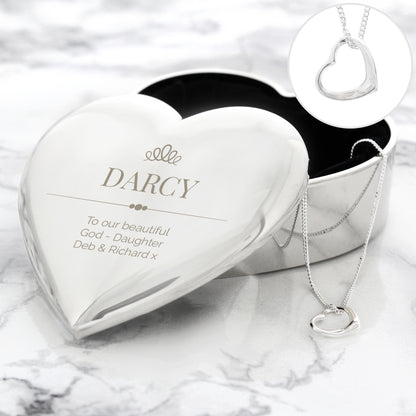 Personalised Elegant Crown Heart Trinket Box & Sterling Silver Necklace Set - MK&JD Gifts