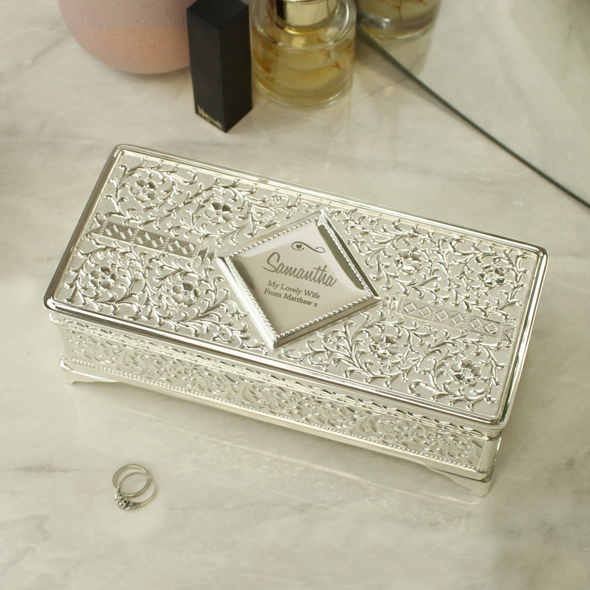 Personalised Swirls & Hearts Antique Silver Plated Jewellery Box - MK&JD Gifts