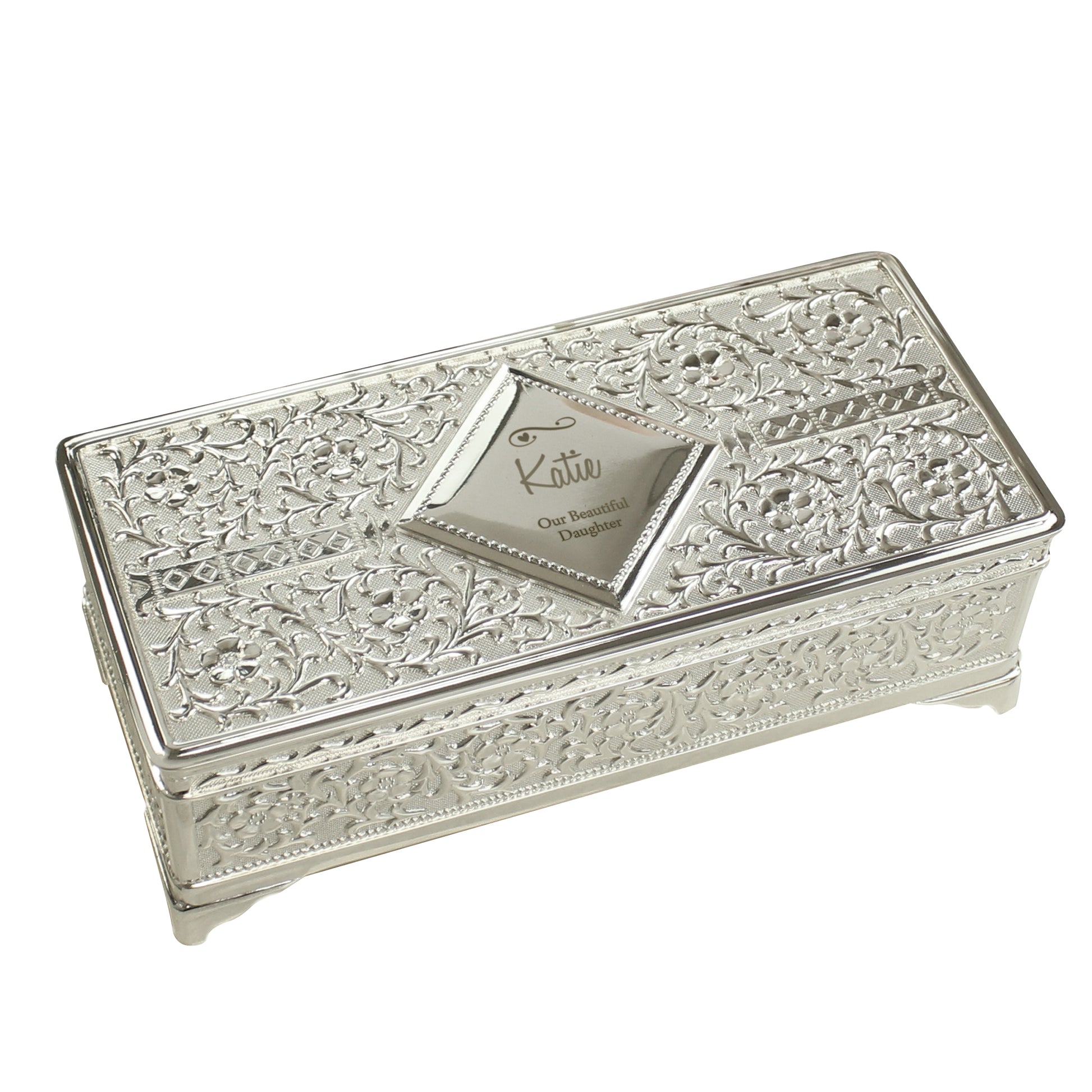 Personalised Swirls & Hearts Antique Silver Plated Jewellery Box - MK&JD Gifts