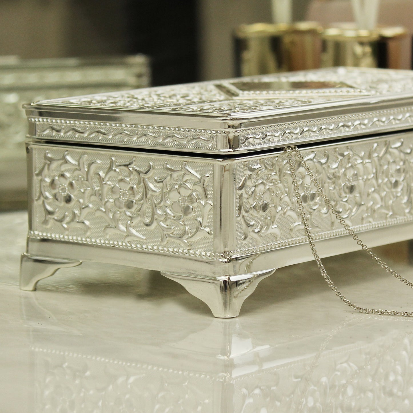 Personalised Swirls & Hearts Antique Silver Plated Jewellery Box - MK&JD Gifts