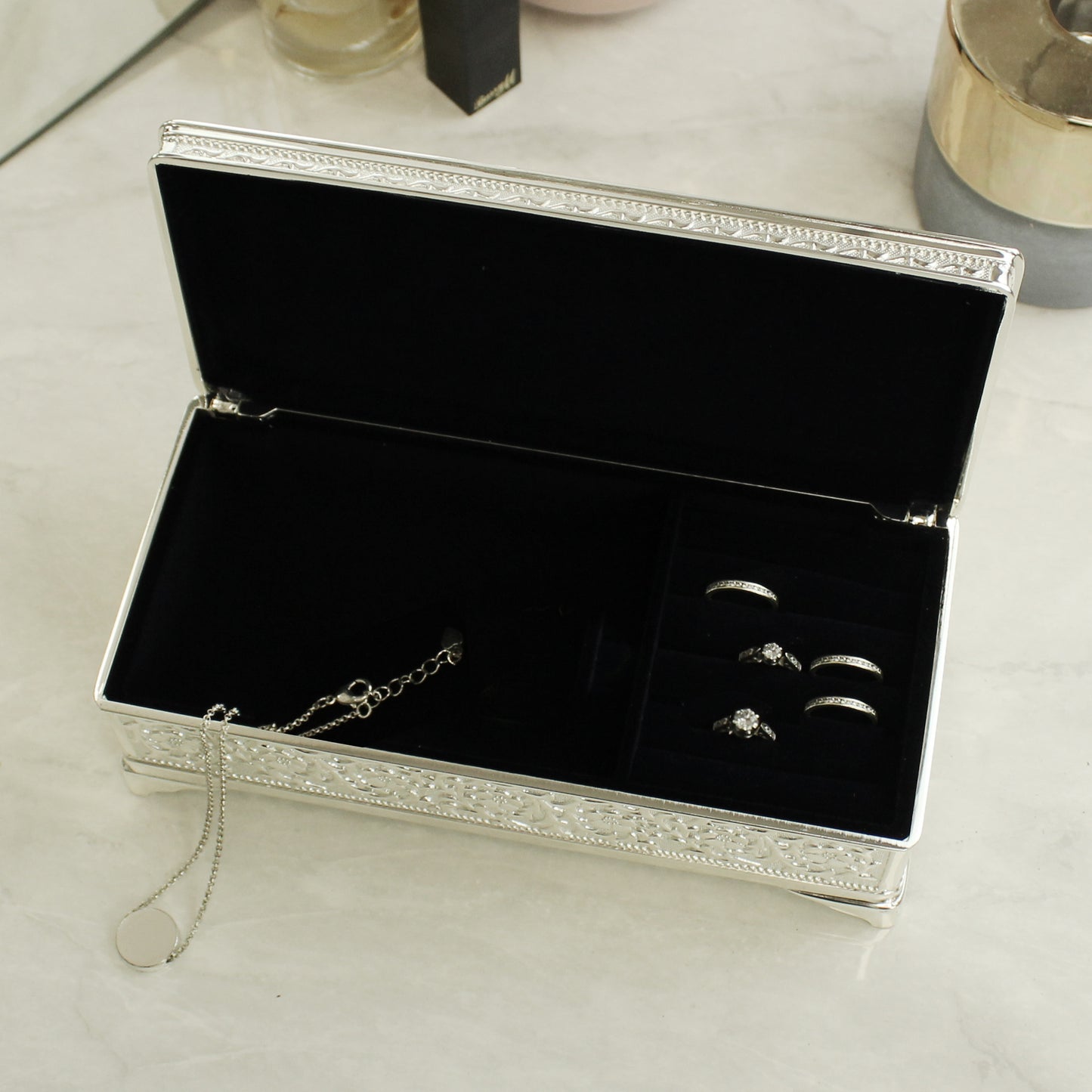 Personalised Swirls & Hearts Antique Silver Plated Jewellery Box - MK&JD Gifts