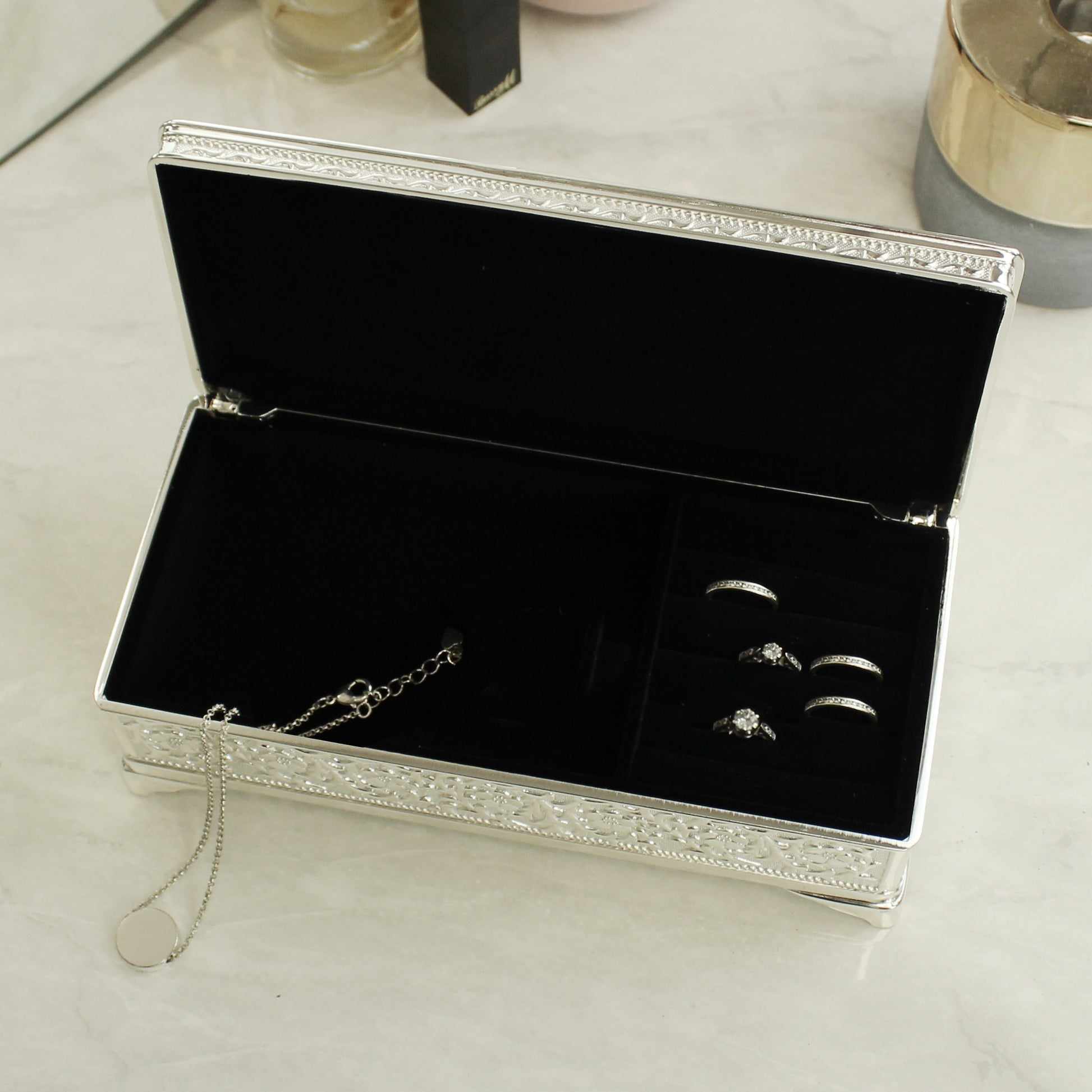 Personalised Swirls & Hearts Antique Silver Plated Jewellery Box - MK&JD Gifts
