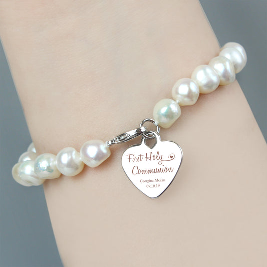 Personalised First Holy Communion Swirls & Hearts White Freshwater Pearl Bracelet - MK&JD Gifts