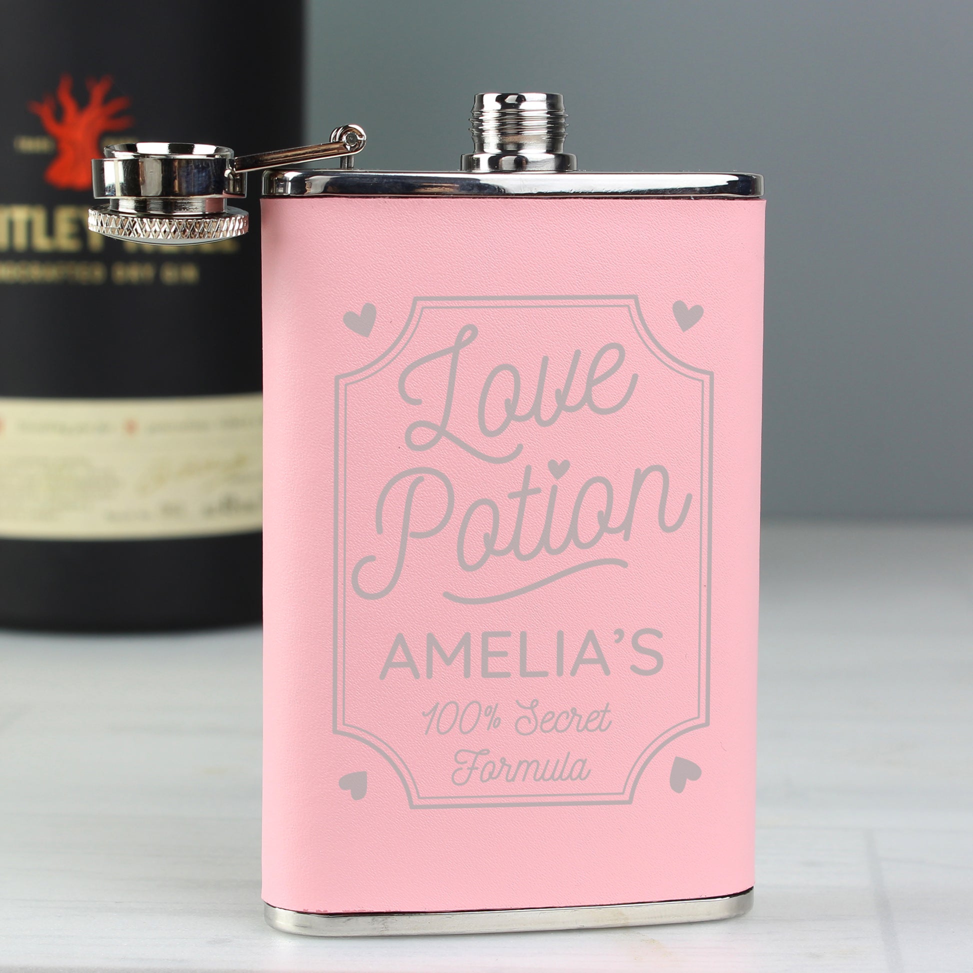 Personalised Love Potion Pink Hip Flask - MK&JD Gifts