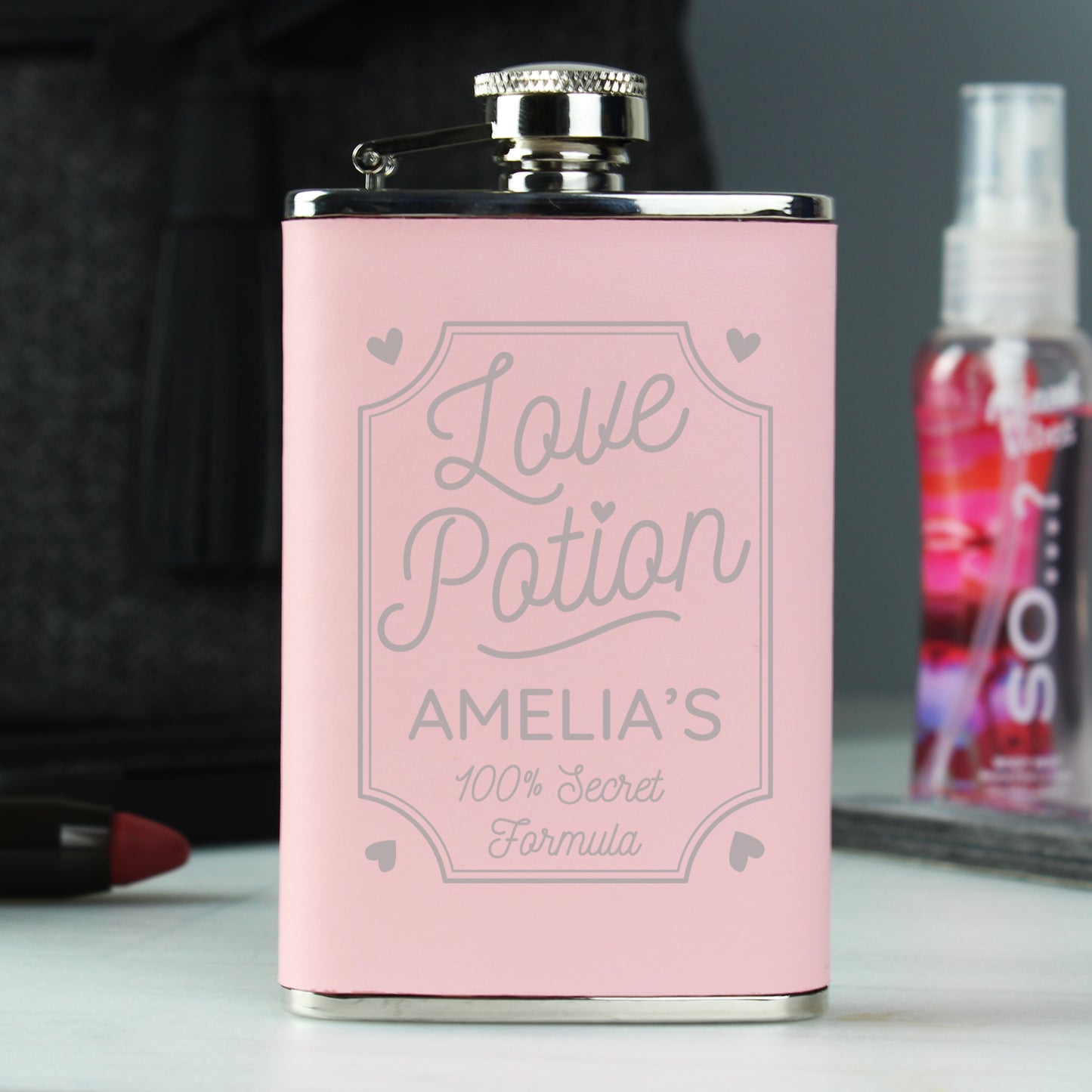 Personalised Love Potion Pink Hip Flask - MK&JD Gifts
