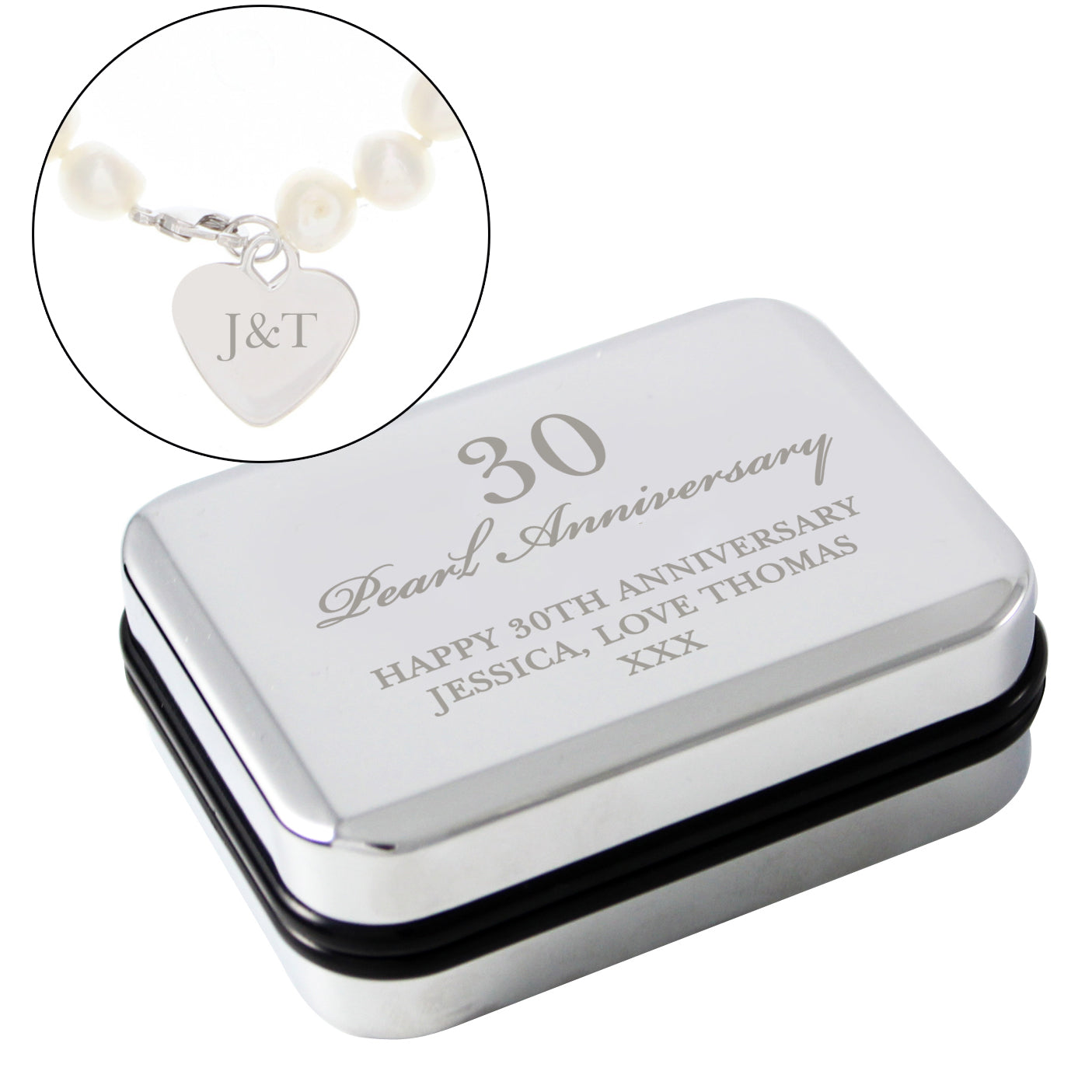 Personalised Anniversary Silver Box and Pearl Bracelet - MK&JD Gifts