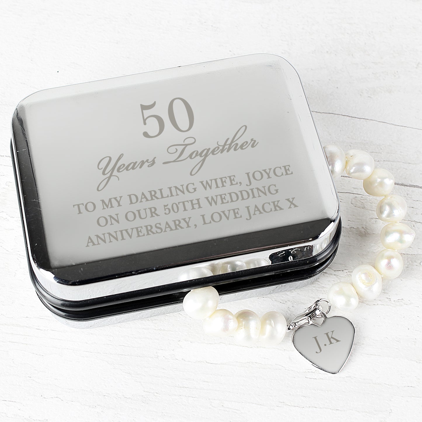 Personalised Anniversary Silver Box and Pearl Bracelet - MK&JD Gifts