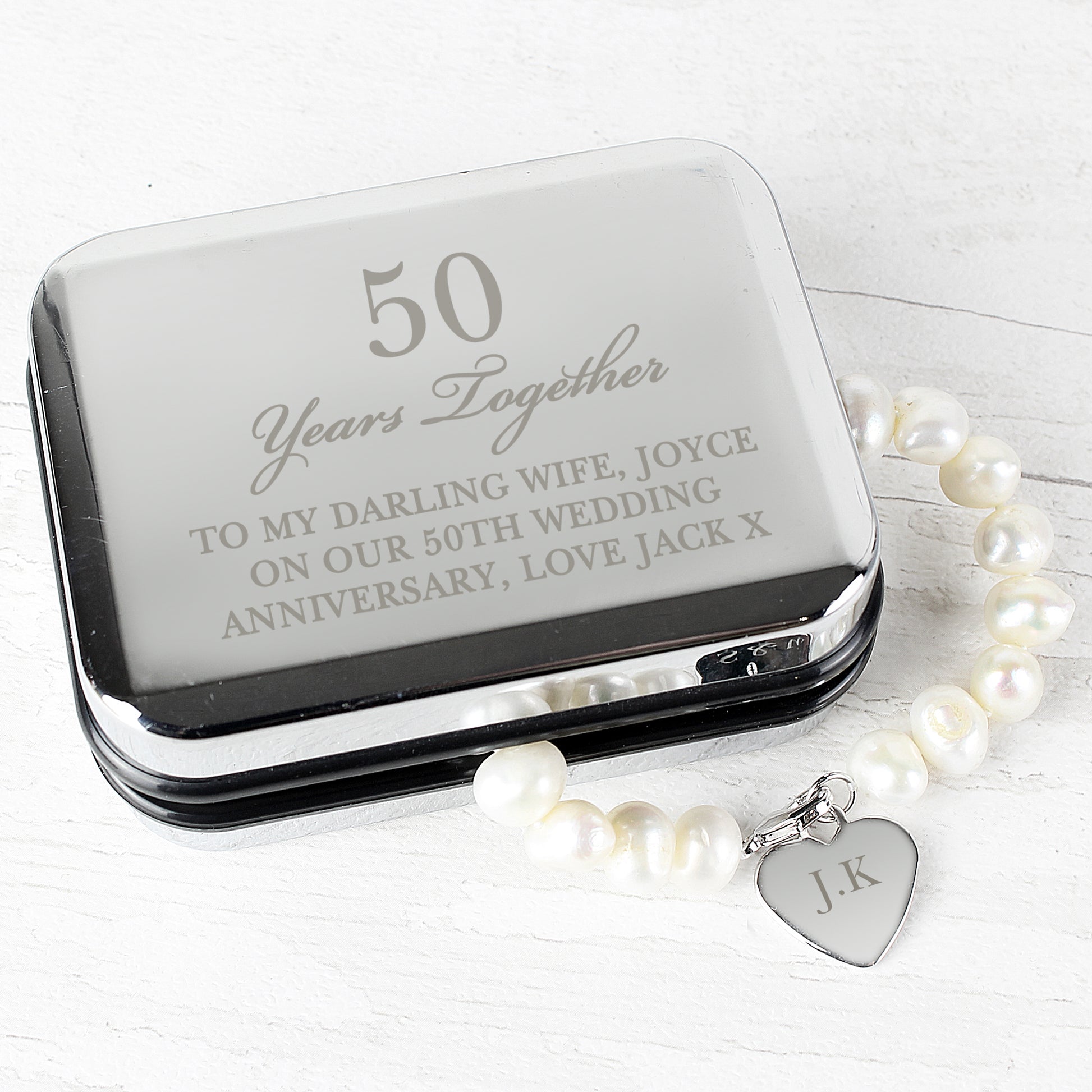 Personalised Anniversary Silver Box and Pearl Bracelet - MK&JD Gifts