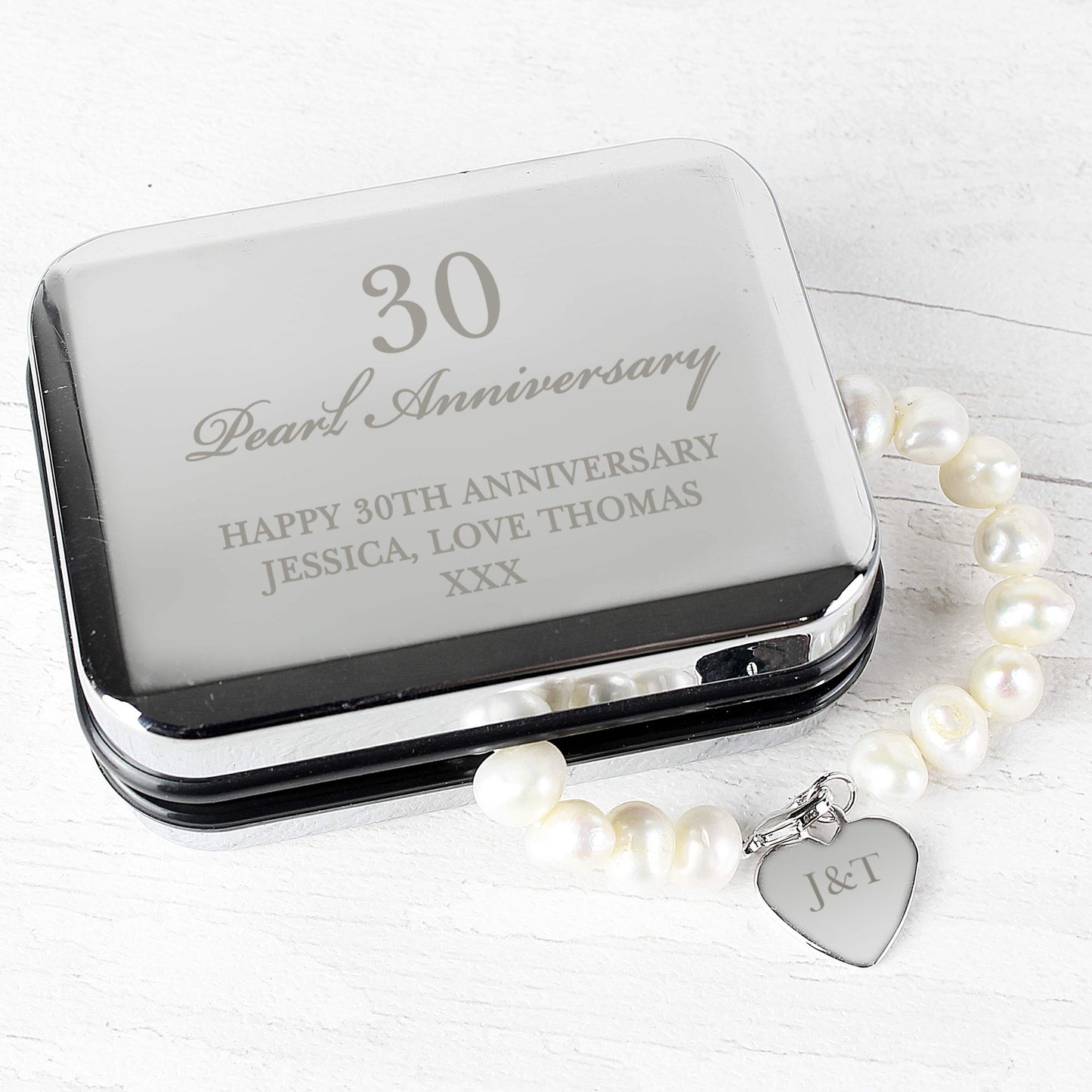 Personalised Anniversary Silver Box and Pearl Bracelet - MK&JD Gifts