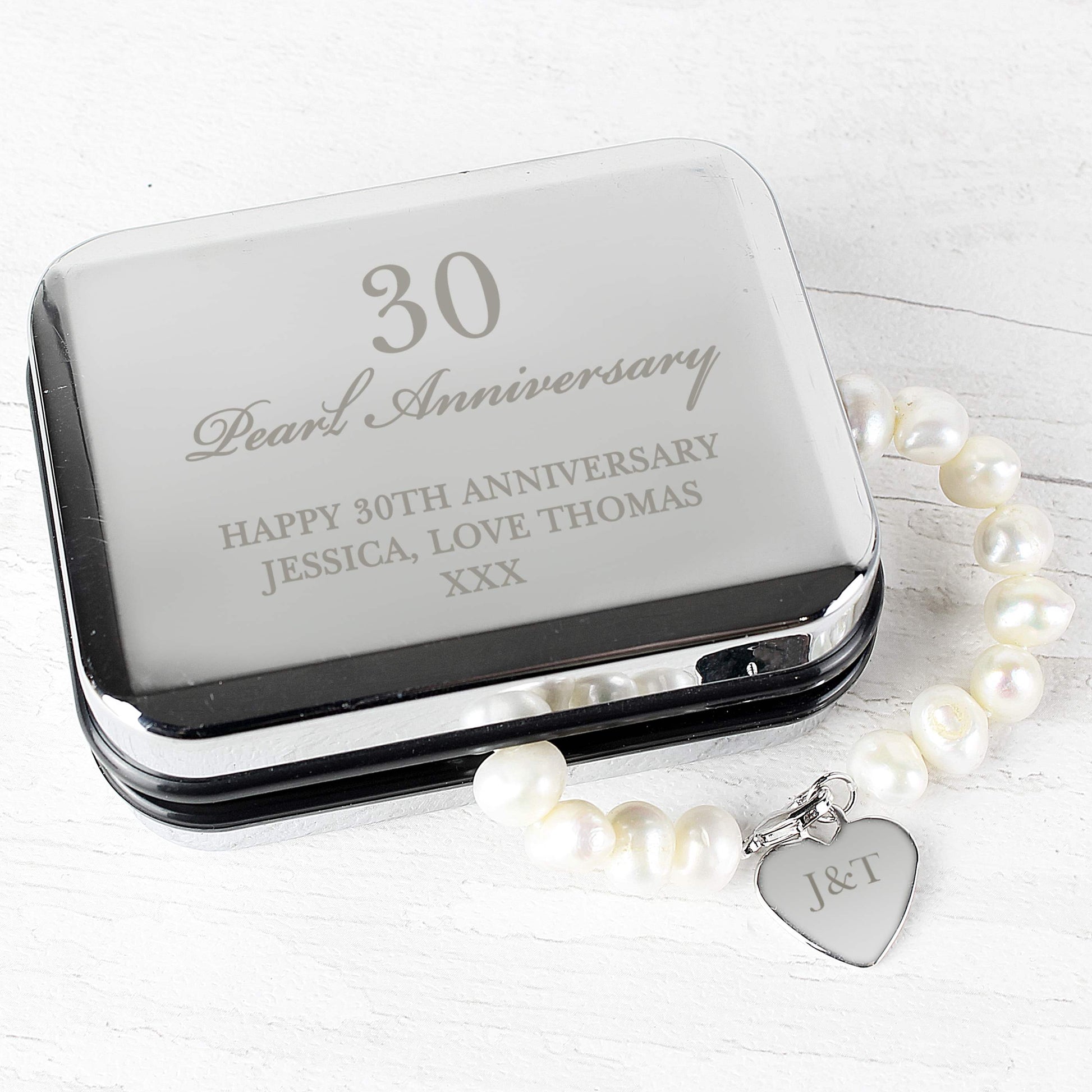 Personalised Anniversary Silver Box and Pearl Bracelet - MK&JD Gifts
