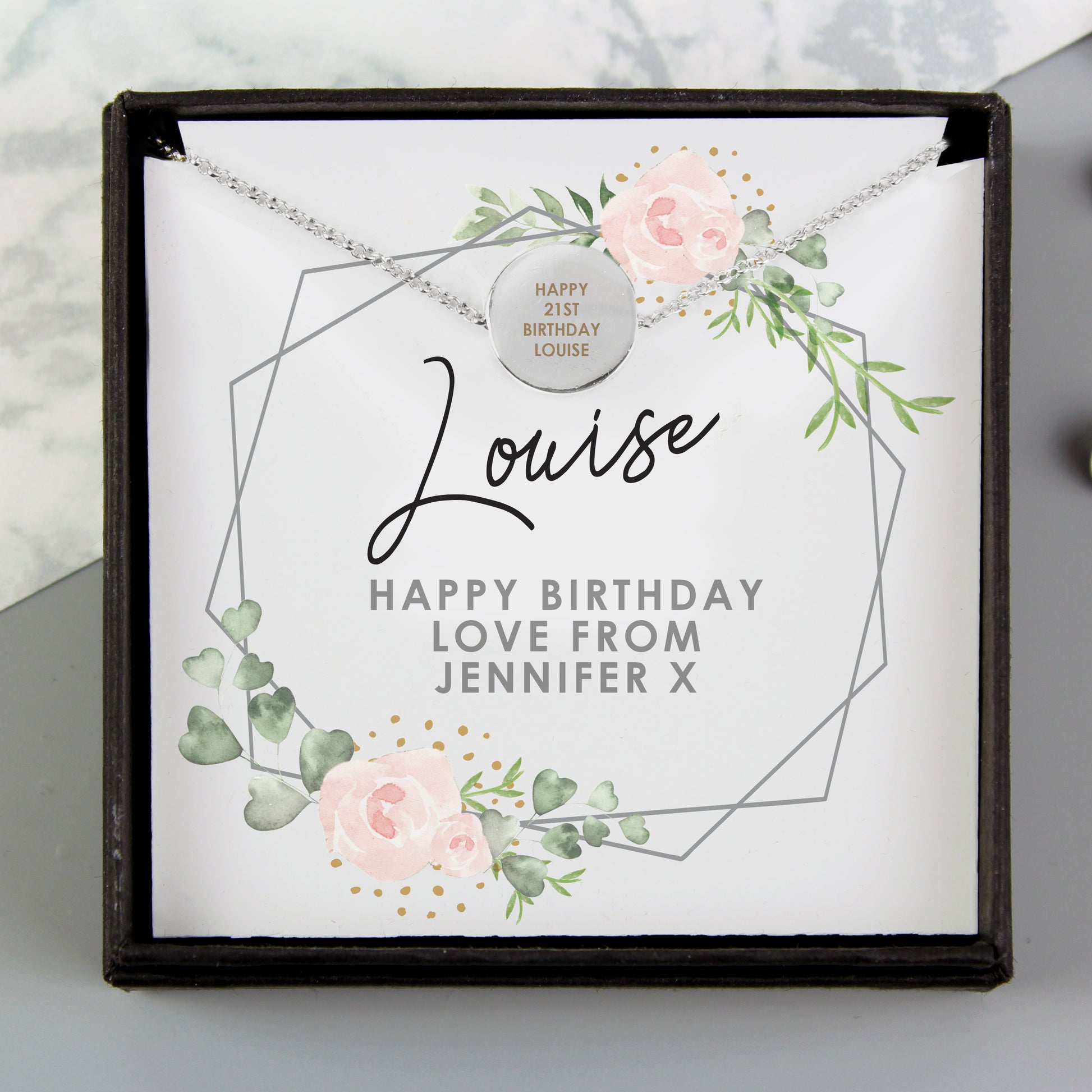 Personalised Abstract Rose Sentiment Silver Tone Necklace and Box - MK&JD Gifts
