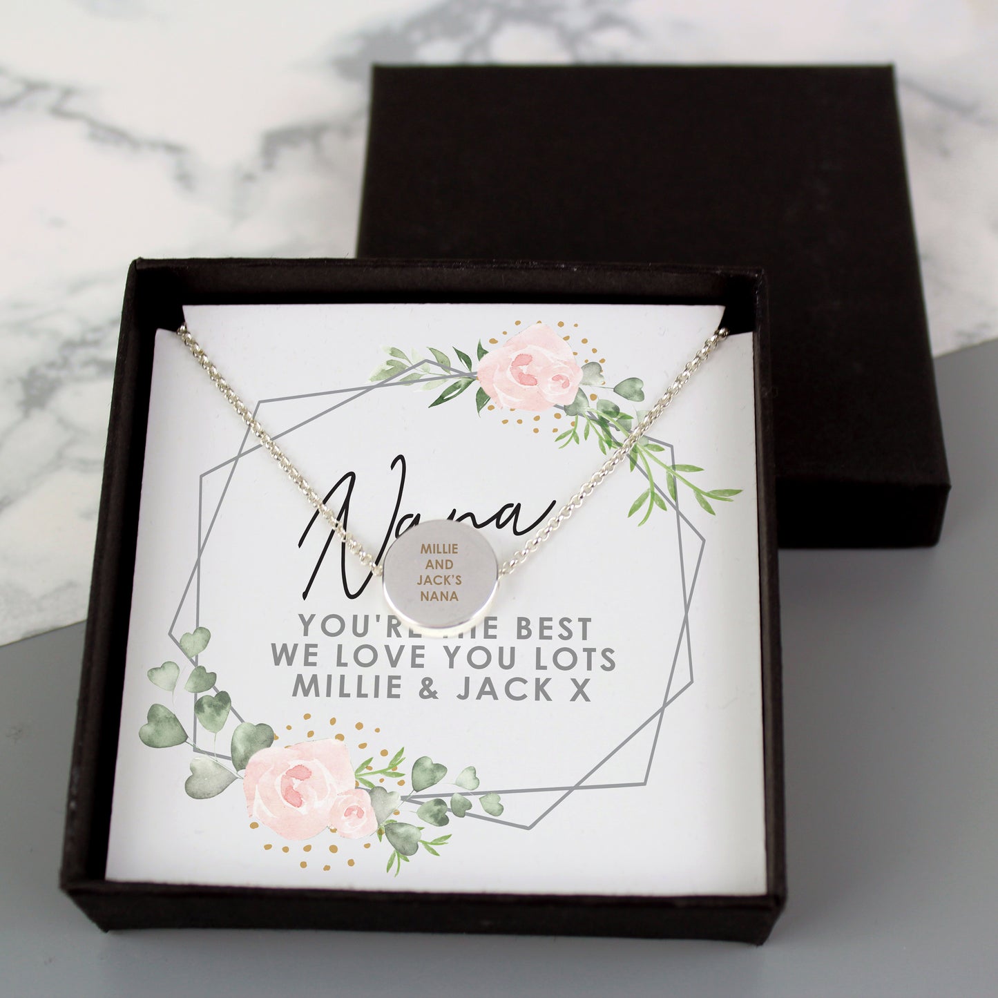 Personalised Abstract Rose Sentiment Silver Tone Necklace and Box - MK&JD Gifts