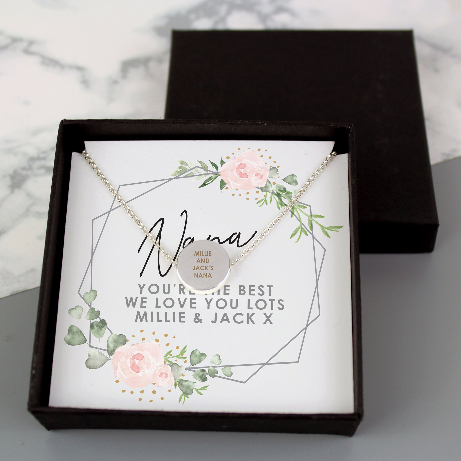 Personalised Abstract Rose Sentiment Silver Tone Necklace and Box - MK&JD Gifts