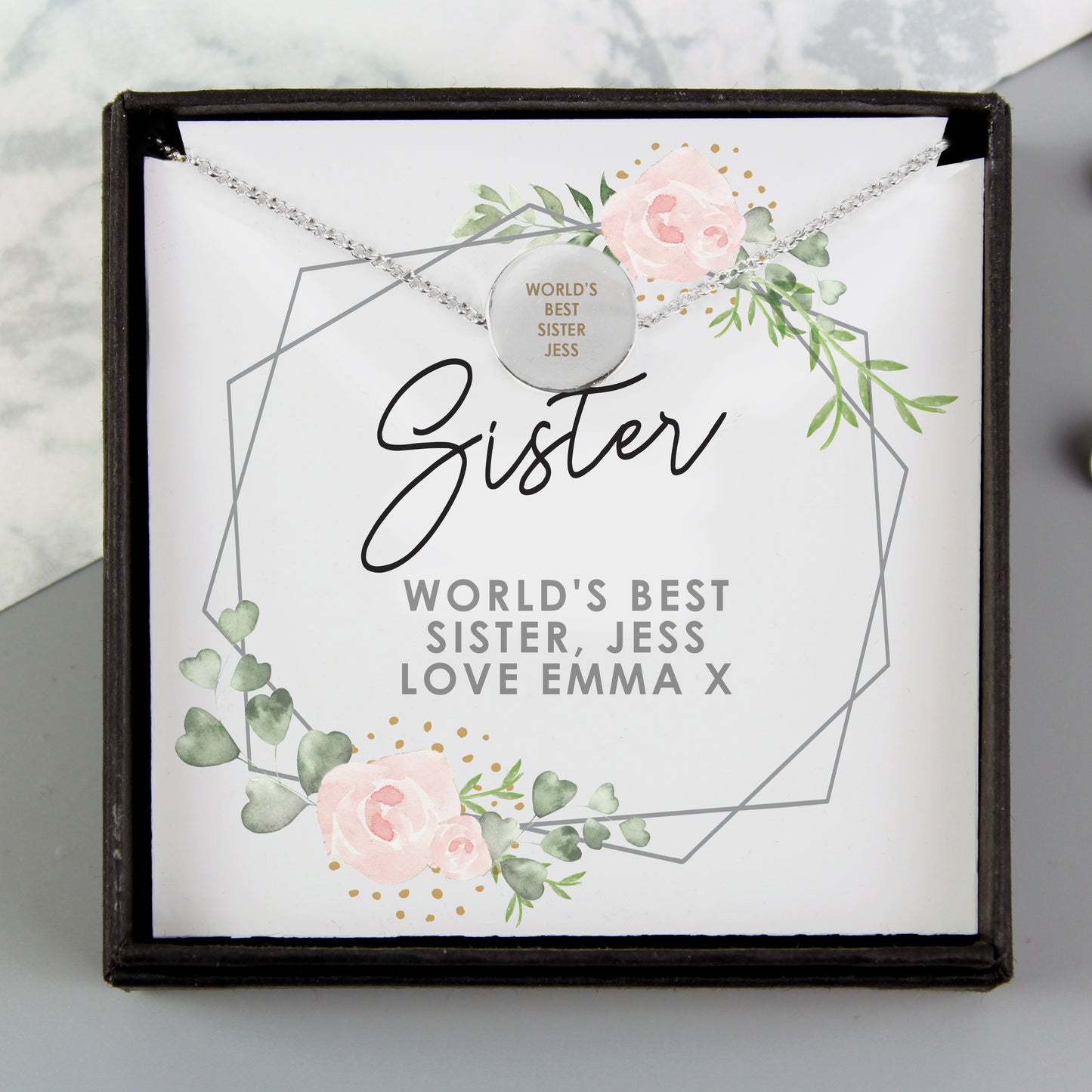 Personalised Abstract Rose Sentiment Silver Tone Necklace and Box - MK&JD Gifts