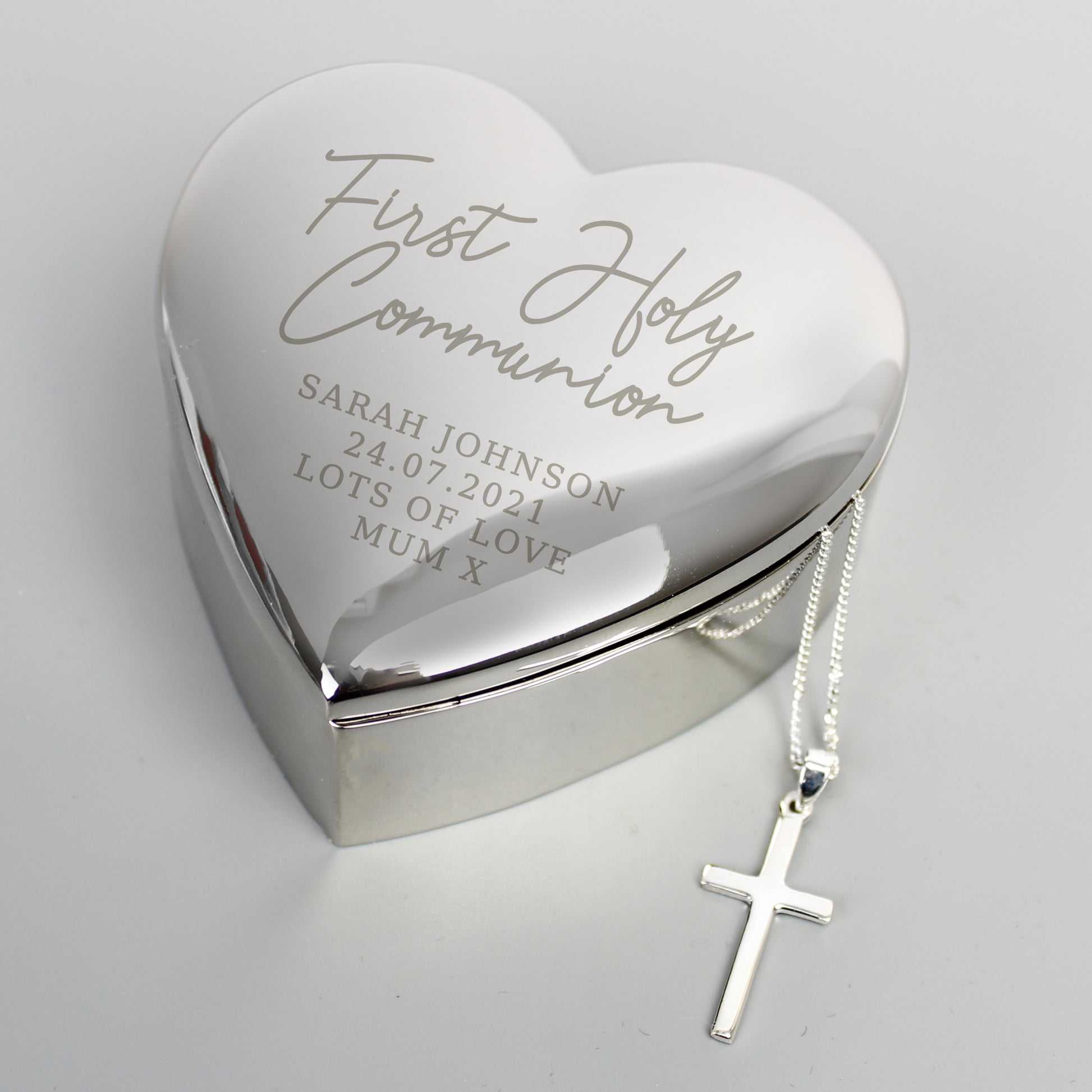 Personalised First Holy Communion Heart Trinket Box & Cross Necklace Set - MK&JD Gifts